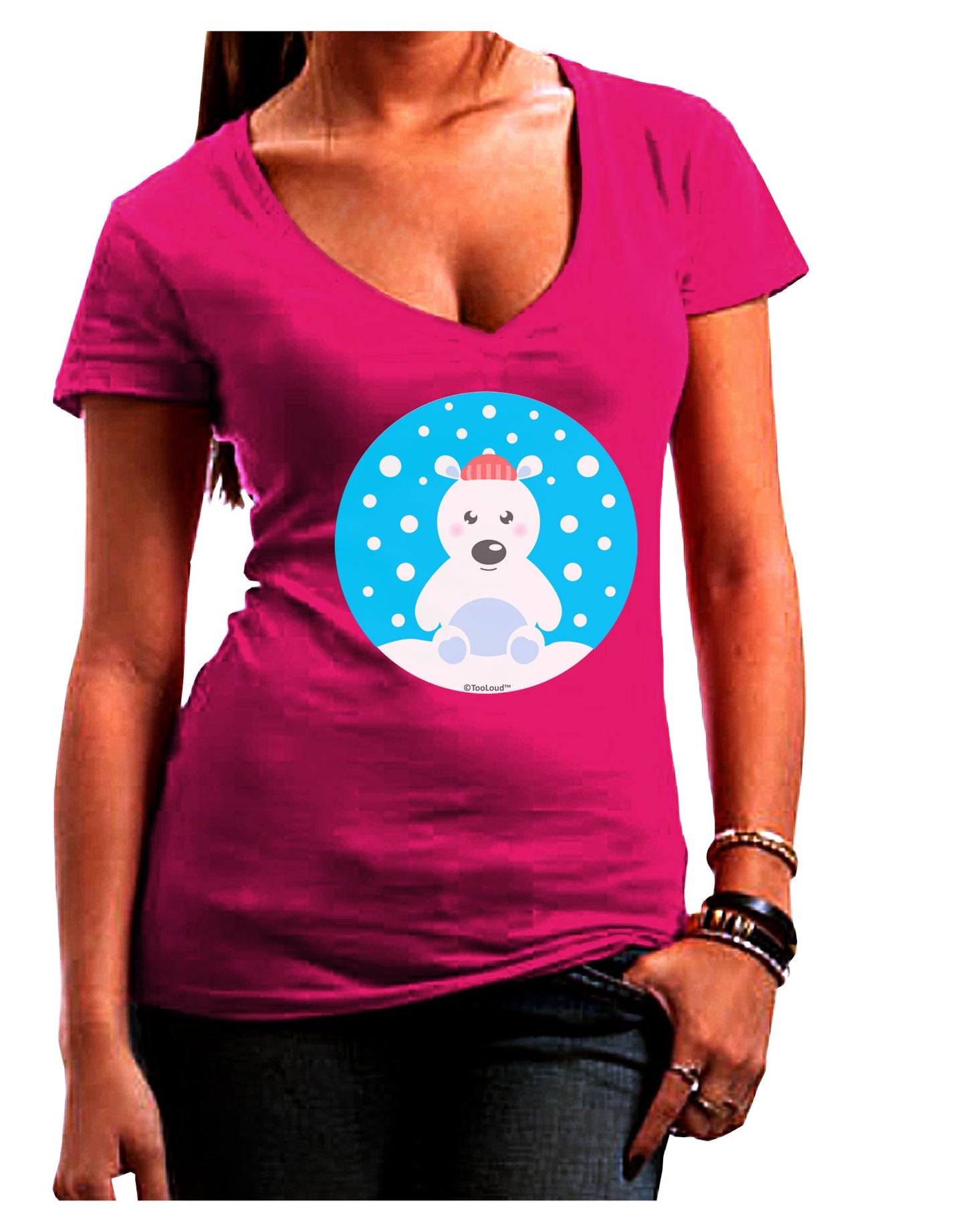 Cute Polar Bear - Christmas Juniors V-Neck Dark T-Shirt by TooLoud-Womens V-Neck T-Shirts-TooLoud-Hot-Pink-Juniors Fitted Small-Davson Sales