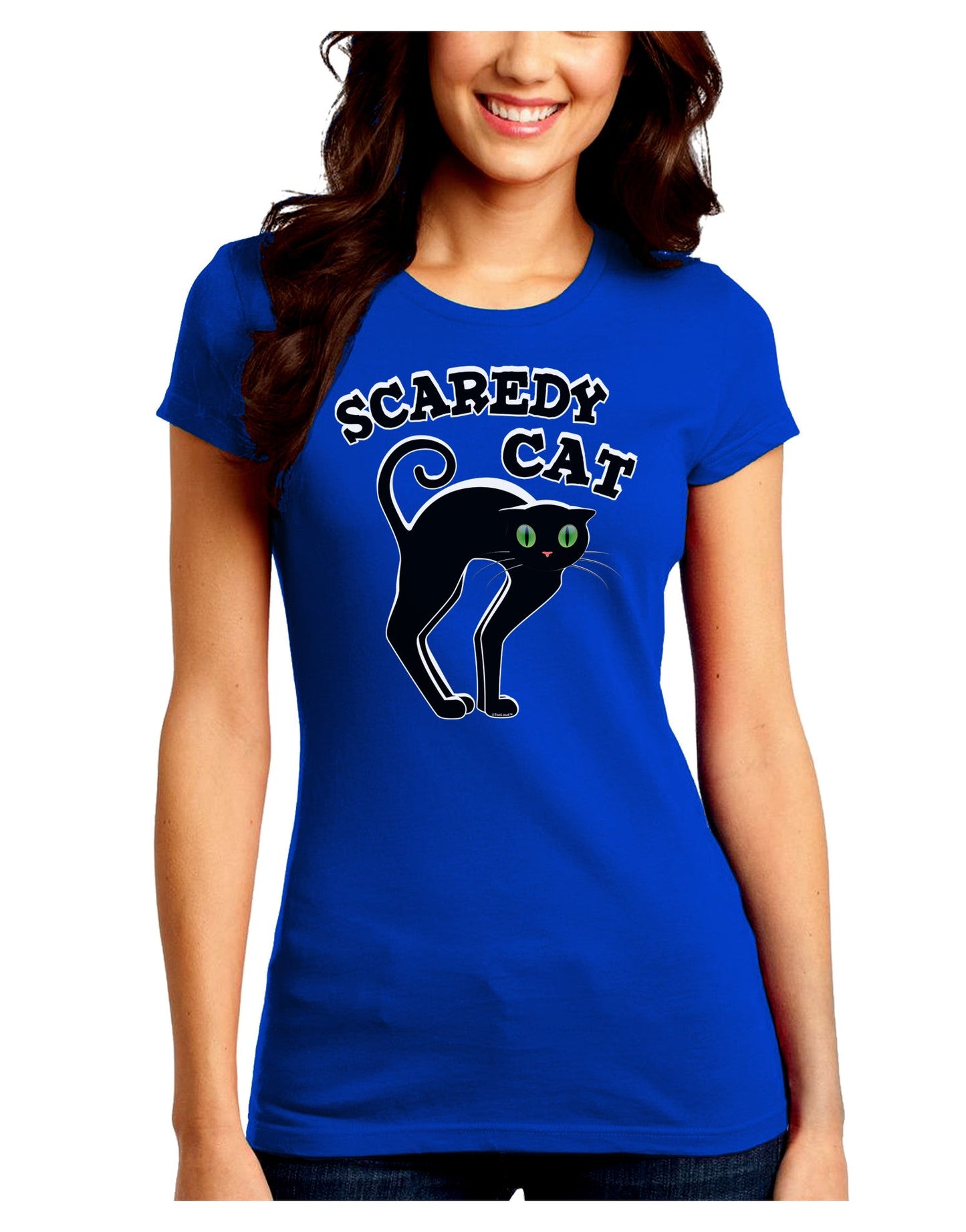 Cute Scaredy Cat Black Cat Halloween Juniors Crew Dark T-Shirt-T-Shirts Juniors Tops-TooLoud-Royal-Blue-Juniors Fitted Small-Davson Sales