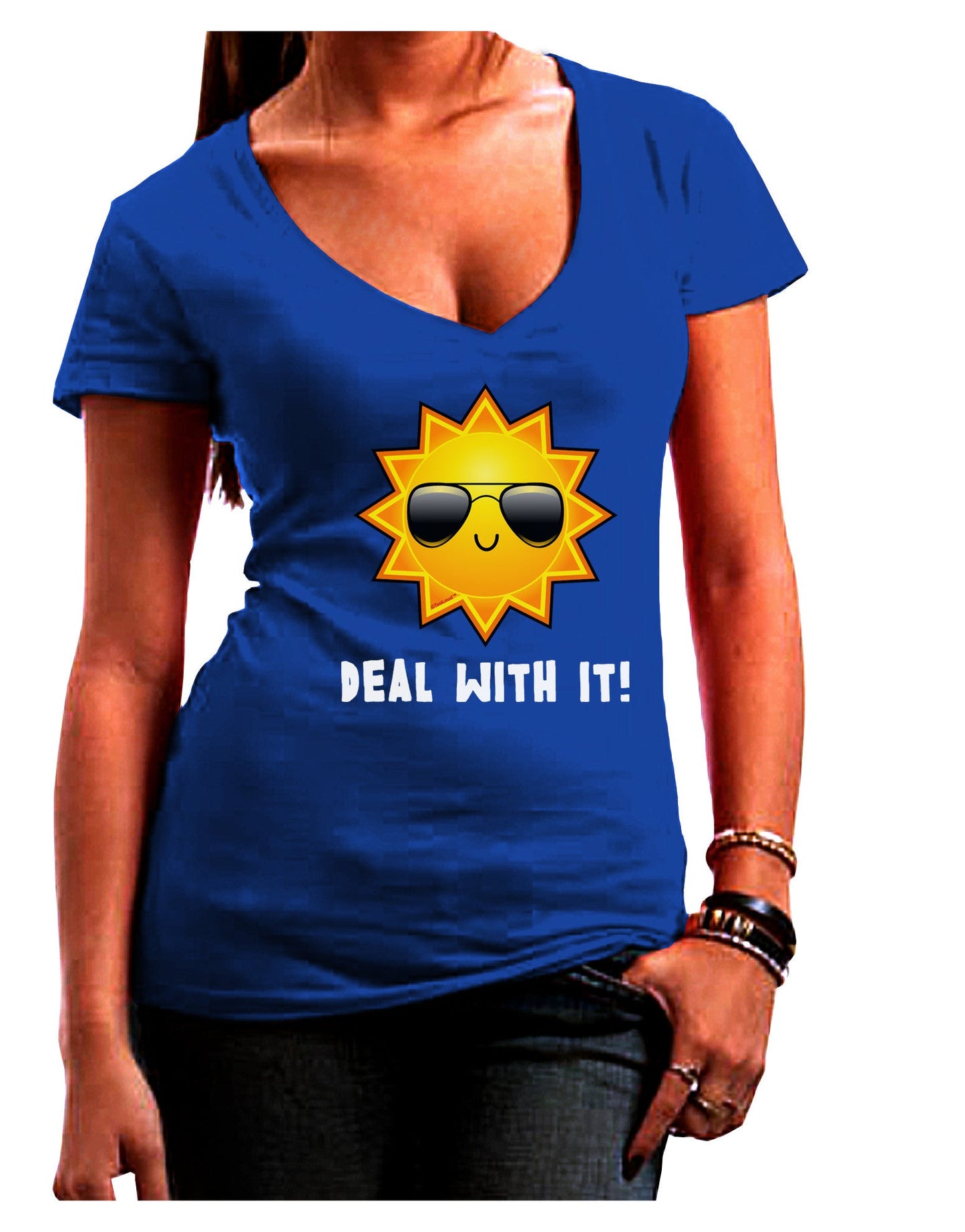 Deal With It Cute Sun Womens V-Neck Dark T-Shirt-Womens V-Neck T-Shirts-TooLoud-Royal-Blue-Juniors Fitted Small-Davson Sales