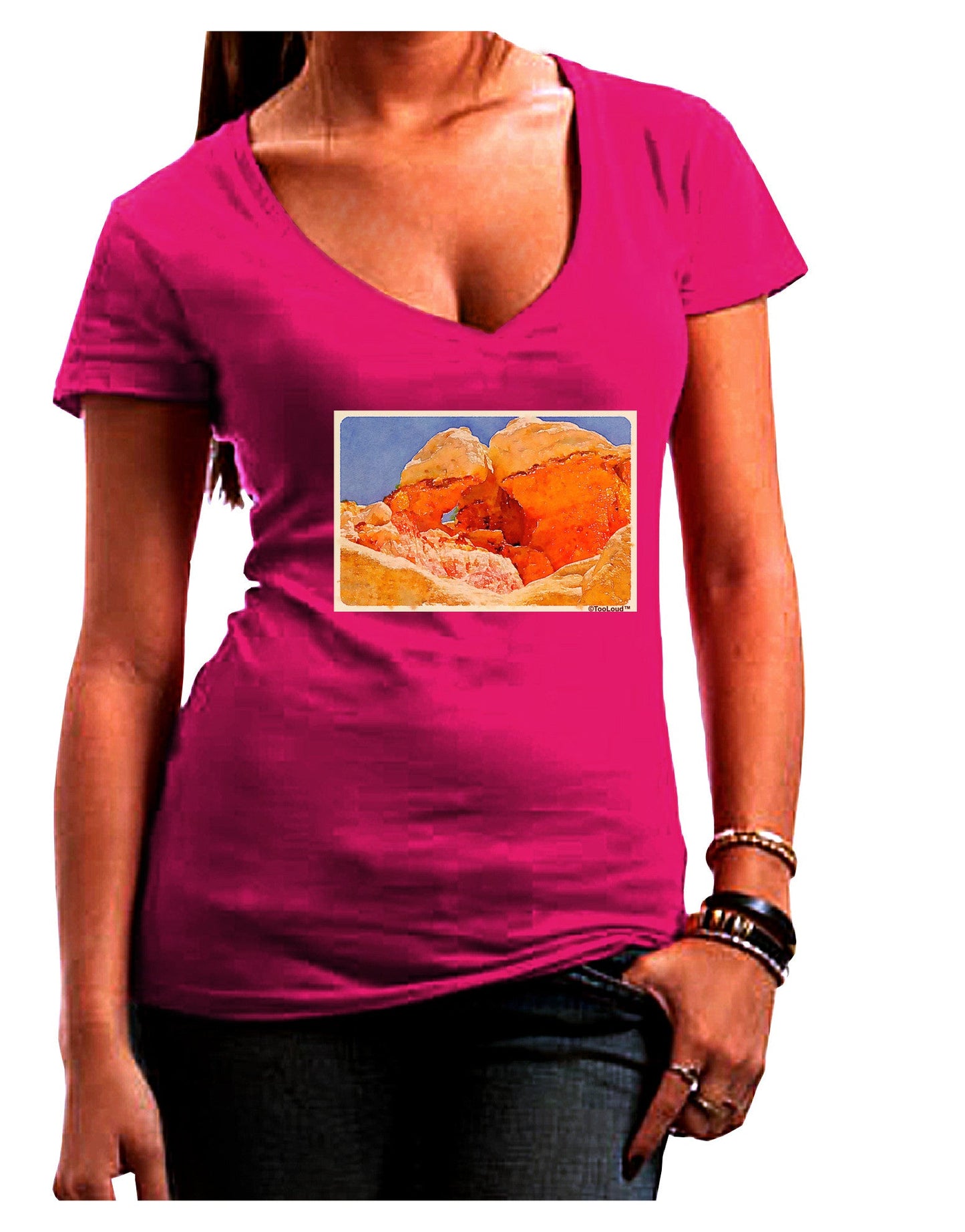 Desert Landscape Watercolor Juniors V-Neck Dark T-Shirt-Womens V-Neck T-Shirts-TooLoud-Hot-Pink-Juniors Fitted Small-Davson Sales
