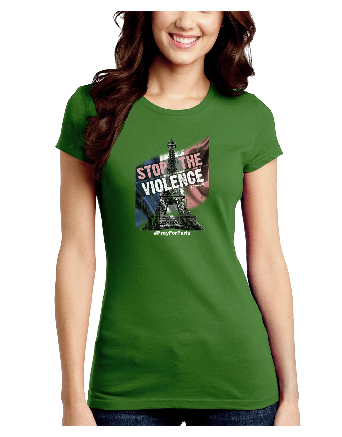 Distressed Paris Stop The Violence Juniors Petite Crew Dark T-Shirt-T-Shirts Juniors Tops-TooLoud-Kiwi-Green-Juniors Fitted Small-Davson Sales
