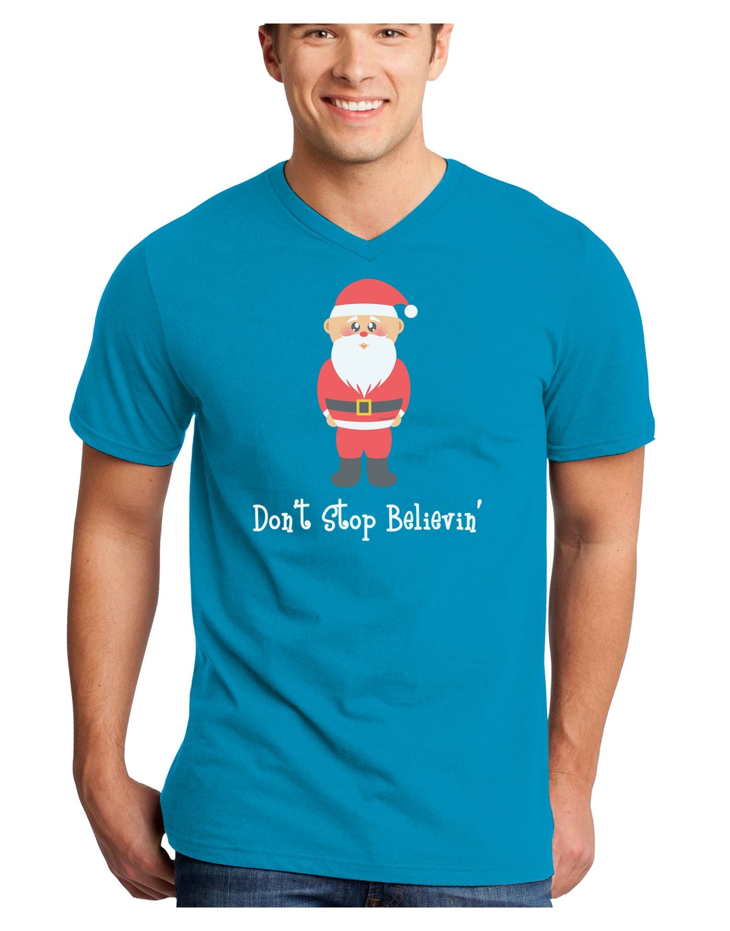 Don't Stop Believin' Santa Christmas Adult Dark V-Neck T-Shirt-TooLoud-Turquoise-Small-Davson Sales
