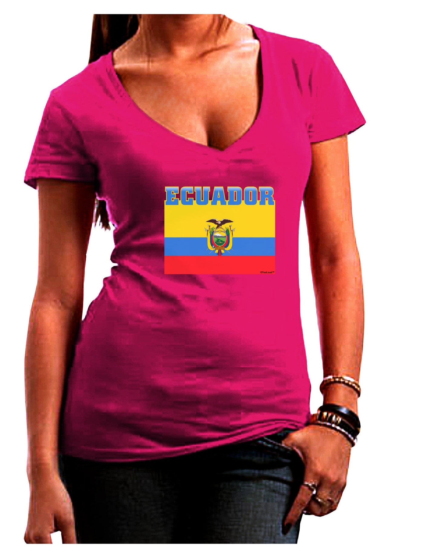 Ecuador Flag Womens V-Neck Dark T-Shirt-Womens V-Neck T-Shirts-TooLoud-Hot-Pink-Juniors Fitted Small-Davson Sales