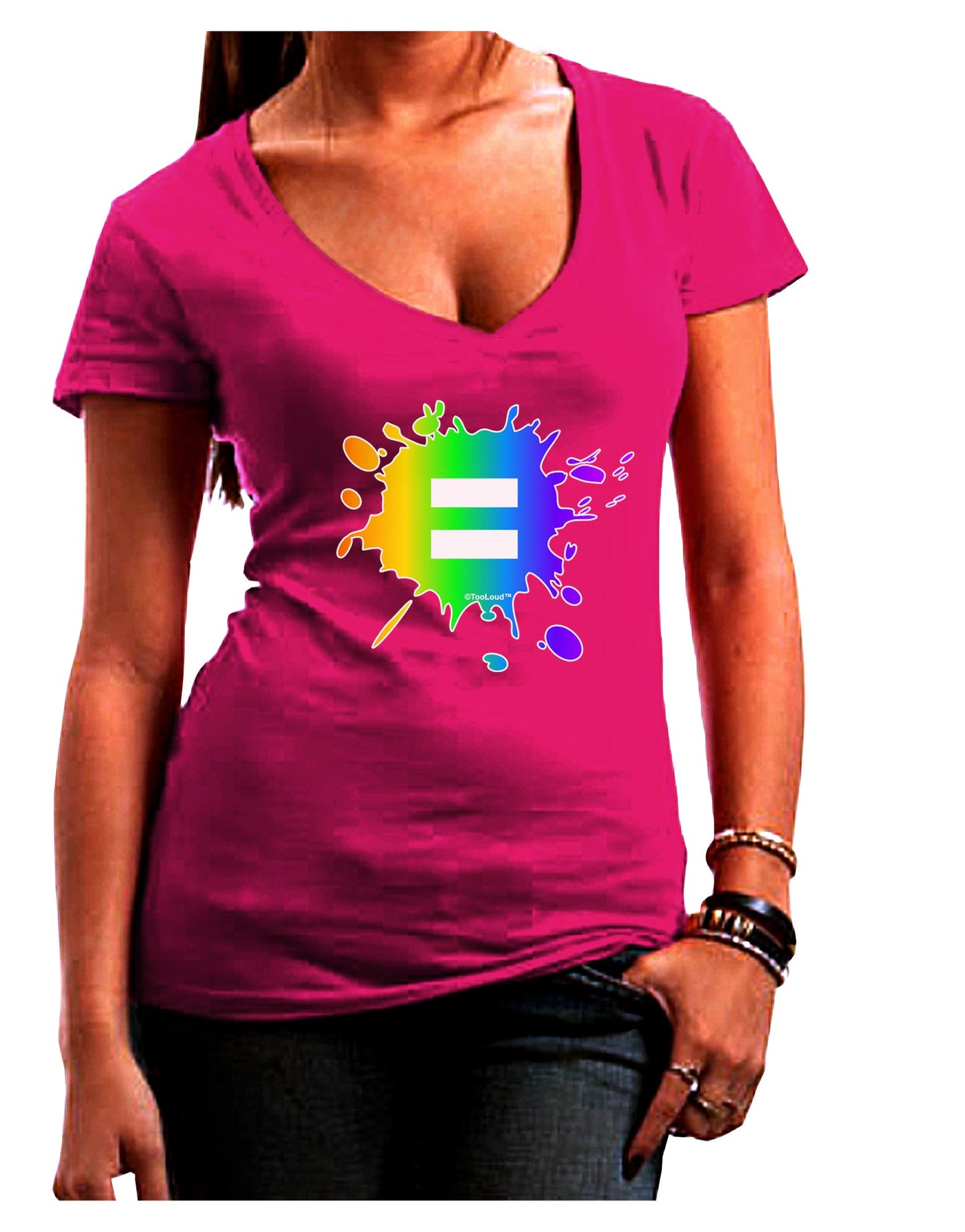 Equal Rainbow Paint Splatter Juniors V-Neck Dark T-Shirt by TooLoud-Womens V-Neck T-Shirts-TooLoud-Hot-Pink-Juniors Fitted Small-Davson Sales
