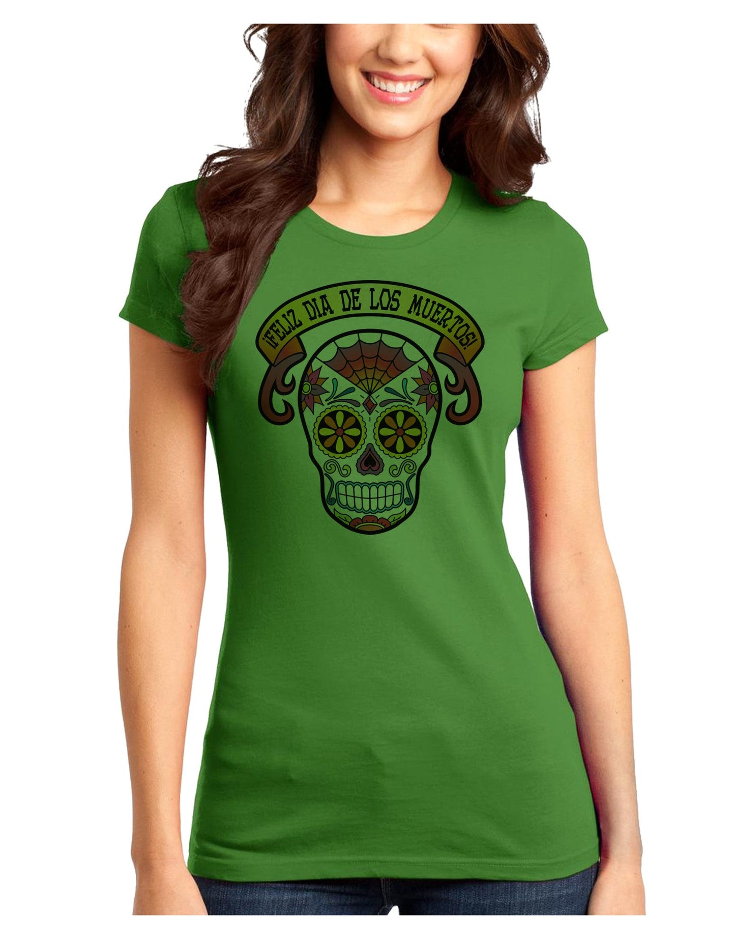 Feliz Dia de los Muertos Calavera Juniors T-Shirt-Womens Juniors T-Shirt-TooLoud-Kiwi-Green-Juniors Fitted XS-Davson Sales