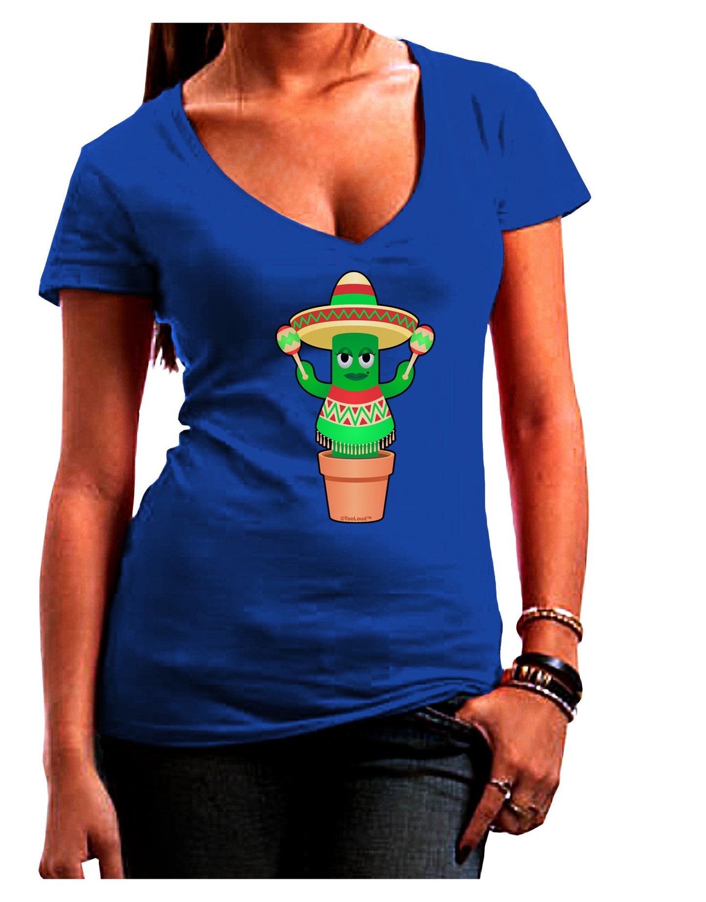 Fiesta Cactus Poncho Womens V-Neck Dark T-Shirt-Womens V-Neck T-Shirts-TooLoud-Royal-Blue-Juniors Fitted Small-Davson Sales