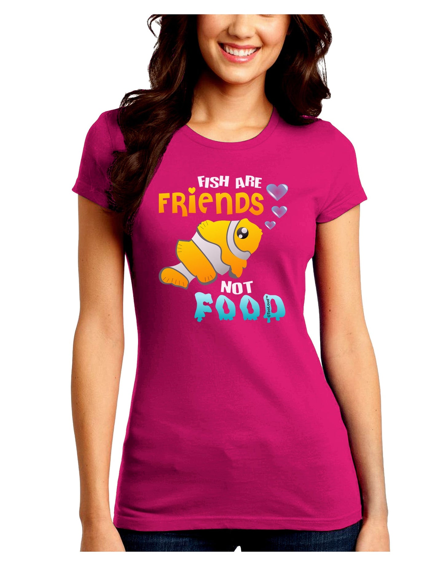 Fish Are Friends Not Food Juniors Petite Crew Dark T-Shirt-T-Shirts Juniors Tops-TooLoud-Hot-Pink-Juniors Fitted Small-Davson Sales