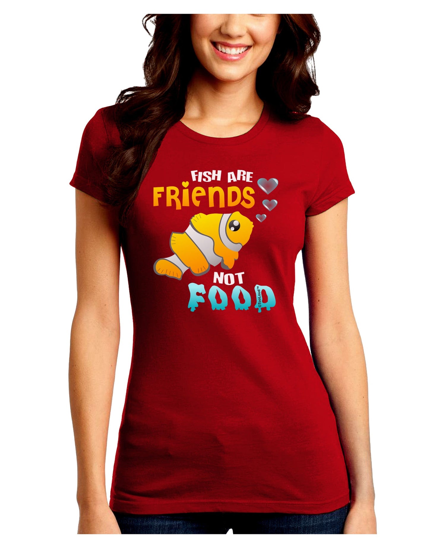 Fish Are Friends Not Food Juniors Petite Crew Dark T-Shirt-T-Shirts Juniors Tops-TooLoud-Red-Juniors Fitted Small-Davson Sales