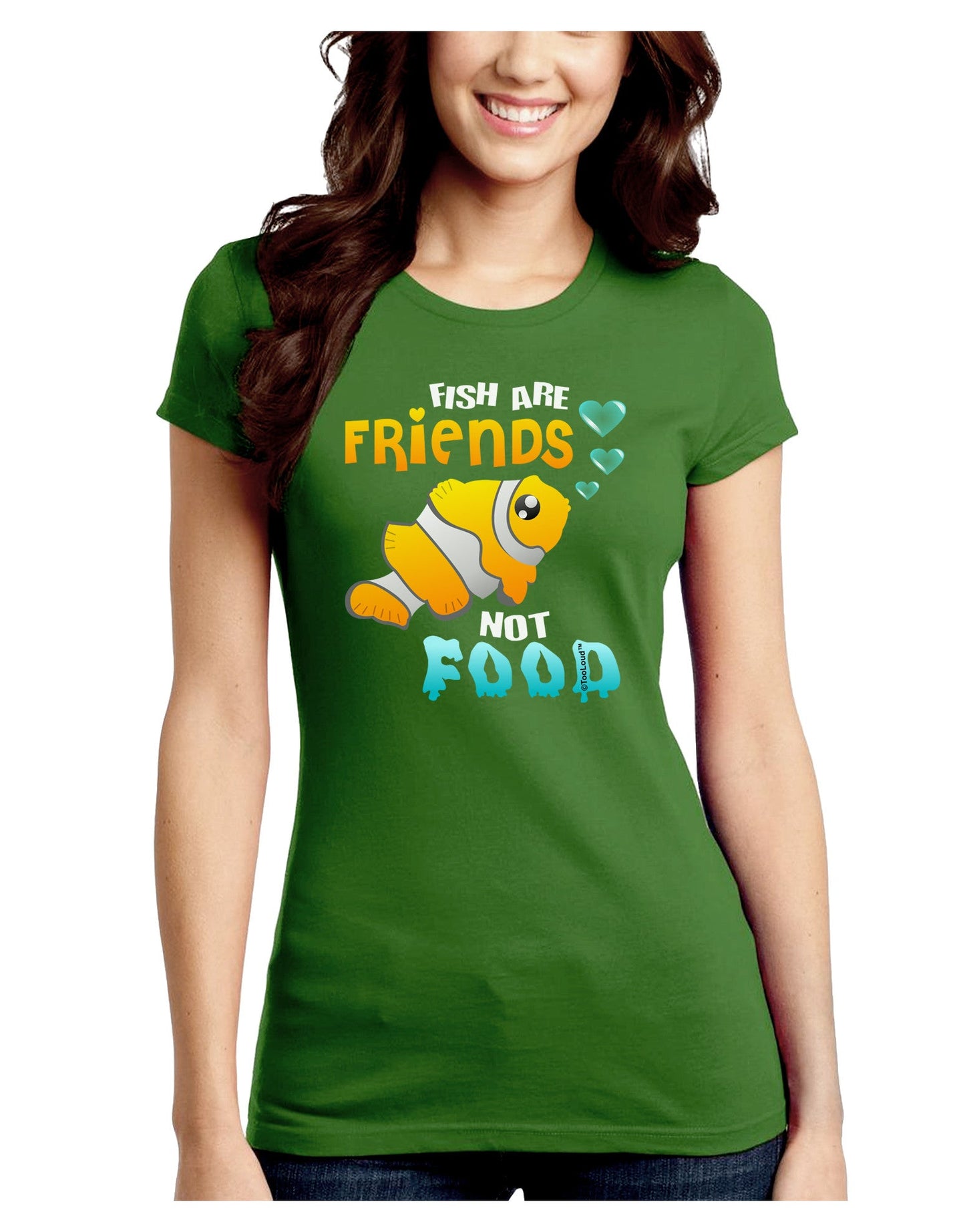 Fish Are Friends Not Food Juniors Petite Crew Dark T-Shirt-T-Shirts Juniors Tops-TooLoud-Kiwi-Green-Juniors Fitted Small-Davson Sales