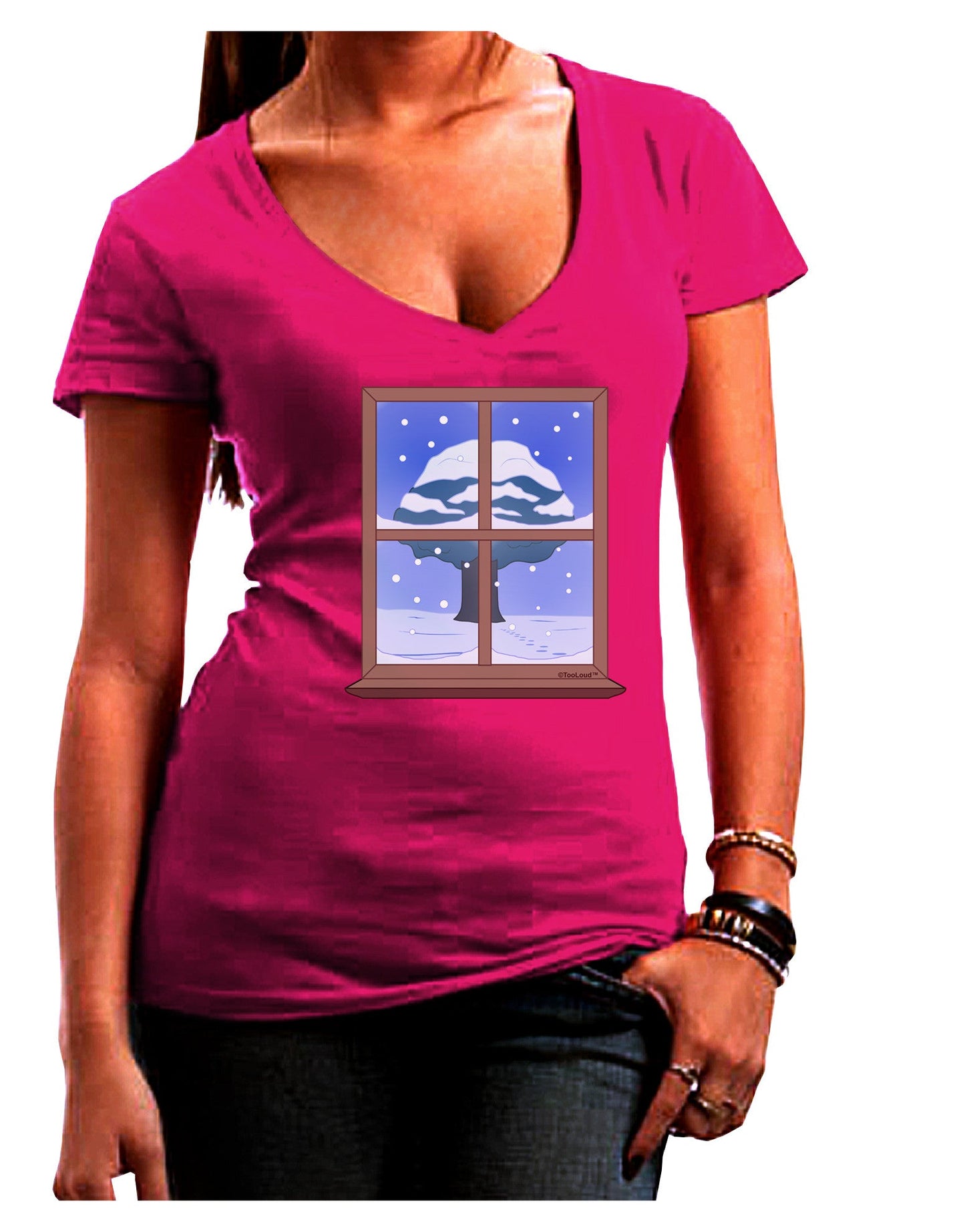 Frosty Window Design Juniors V-Neck Dark T-Shirt-Womens V-Neck T-Shirts-TooLoud-Hot-Pink-Juniors Fitted Small-Davson Sales