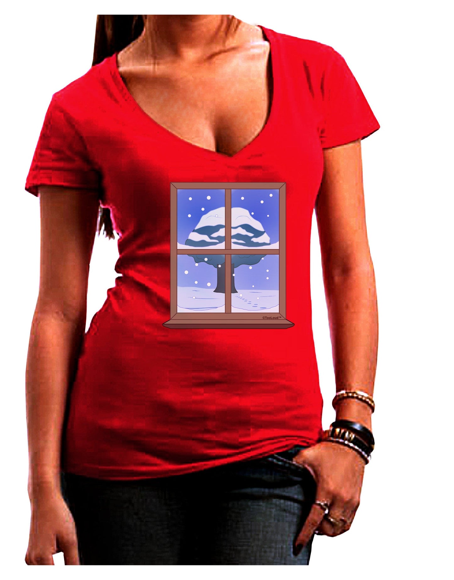 Frosty Window Design Juniors V-Neck Dark T-Shirt-Womens V-Neck T-Shirts-TooLoud-Red-Juniors Fitted Small-Davson Sales