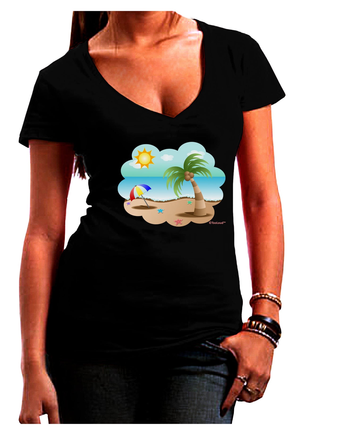 Fun Summer Beach Scene Juniors V-Neck Dark T-Shirt by TooLoud-Womens V-Neck T-Shirts-TooLoud-Black-Juniors Fitted Small-Davson Sales