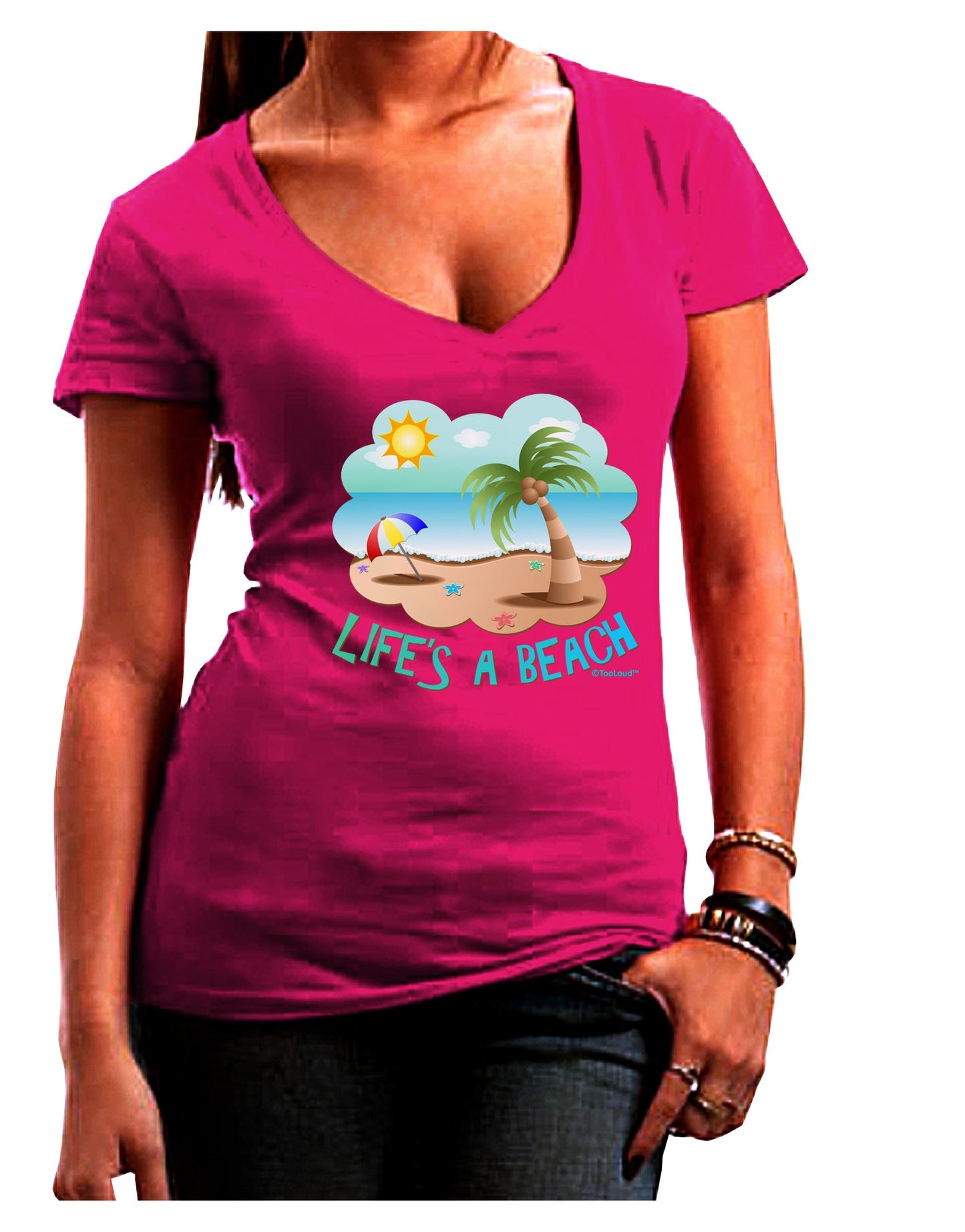Fun Summer Beach Scene - Life's a Beach Juniors V-Neck Dark T-Shirt by TooLoud-Womens V-Neck T-Shirts-TooLoud-Hot-Pink-Juniors Fitted Small-Davson Sales
