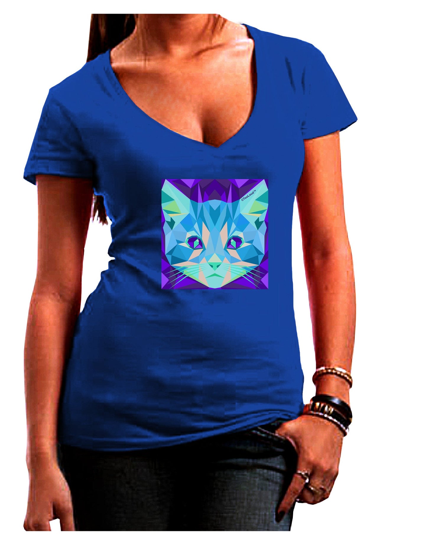 Geometric Kitty Inverted Womens V-Neck Dark T-Shirt-Womens V-Neck T-Shirts-TooLoud-Royal-Blue-Juniors Fitted Small-Davson Sales