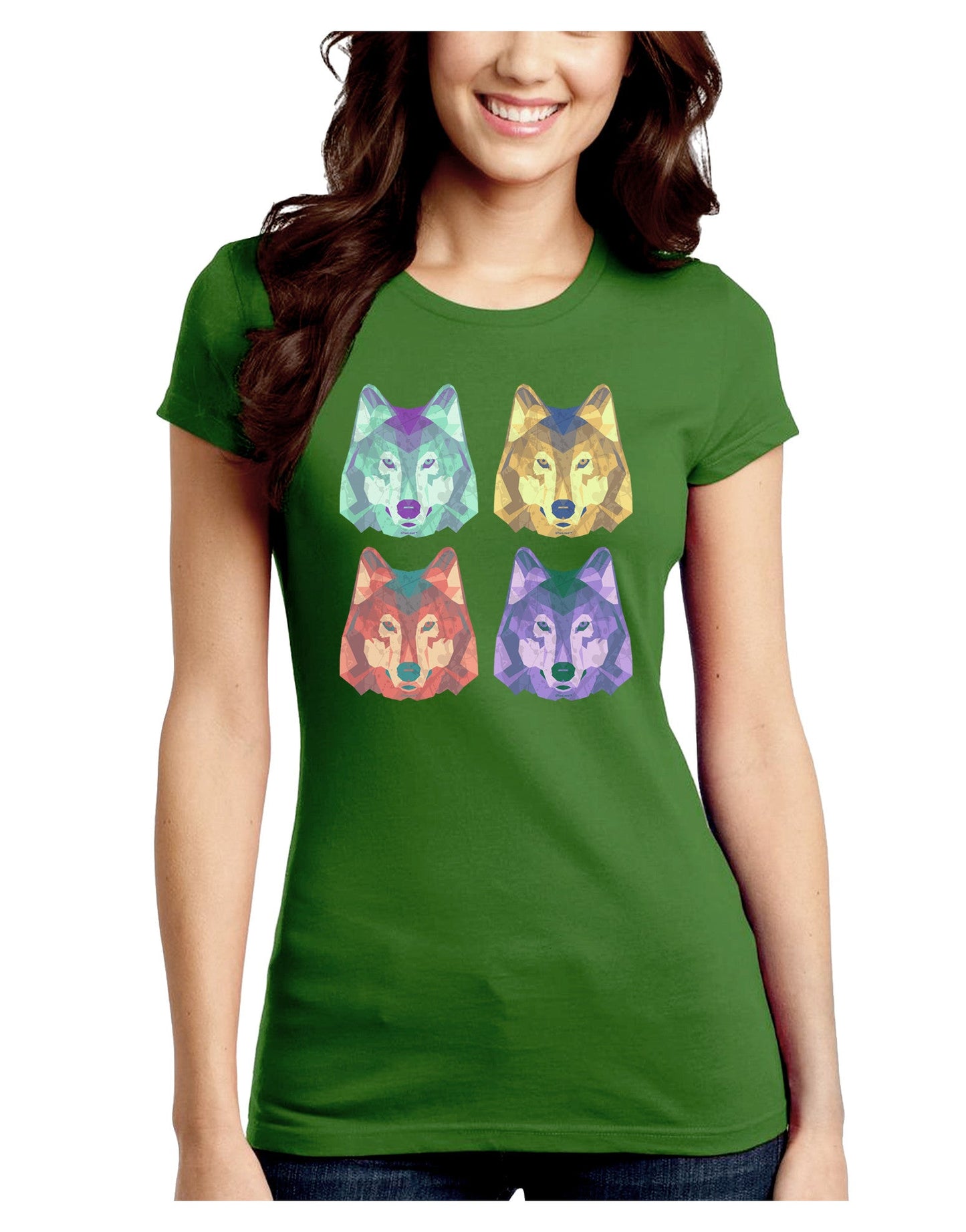 Geometric Wolf Head Pop Art Juniors Petite Crew Dark T-Shirt-T-Shirts Juniors Tops-TooLoud-Kiwi-Green-Juniors Fitted Small-Davson Sales