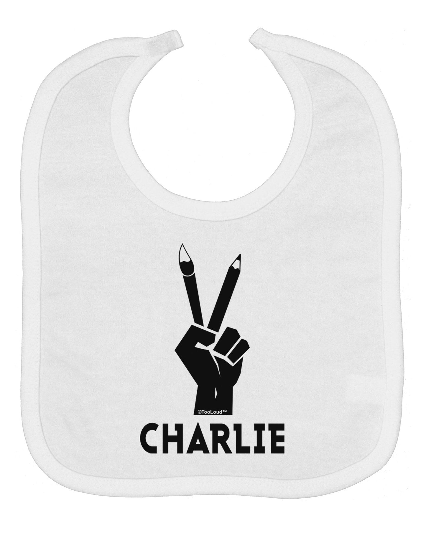 Hand Peace Sign - Charlie Design Baby Bib by TooLoud