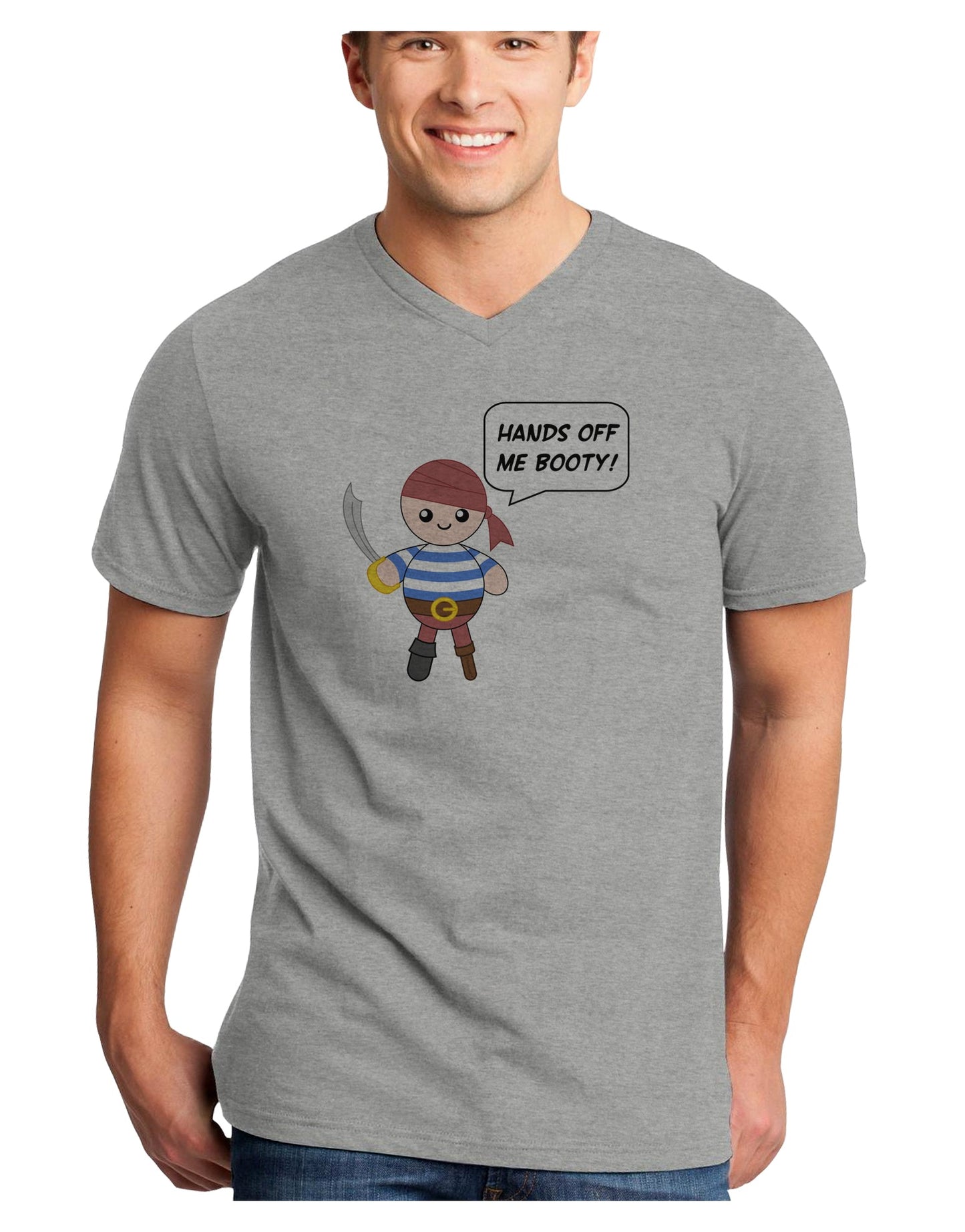 Hands Off Me Booty - Petey the Pirate Adult V-Neck T-shirt-Mens V-Neck T-Shirt-TooLoud-HeatherGray-Small-Davson Sales