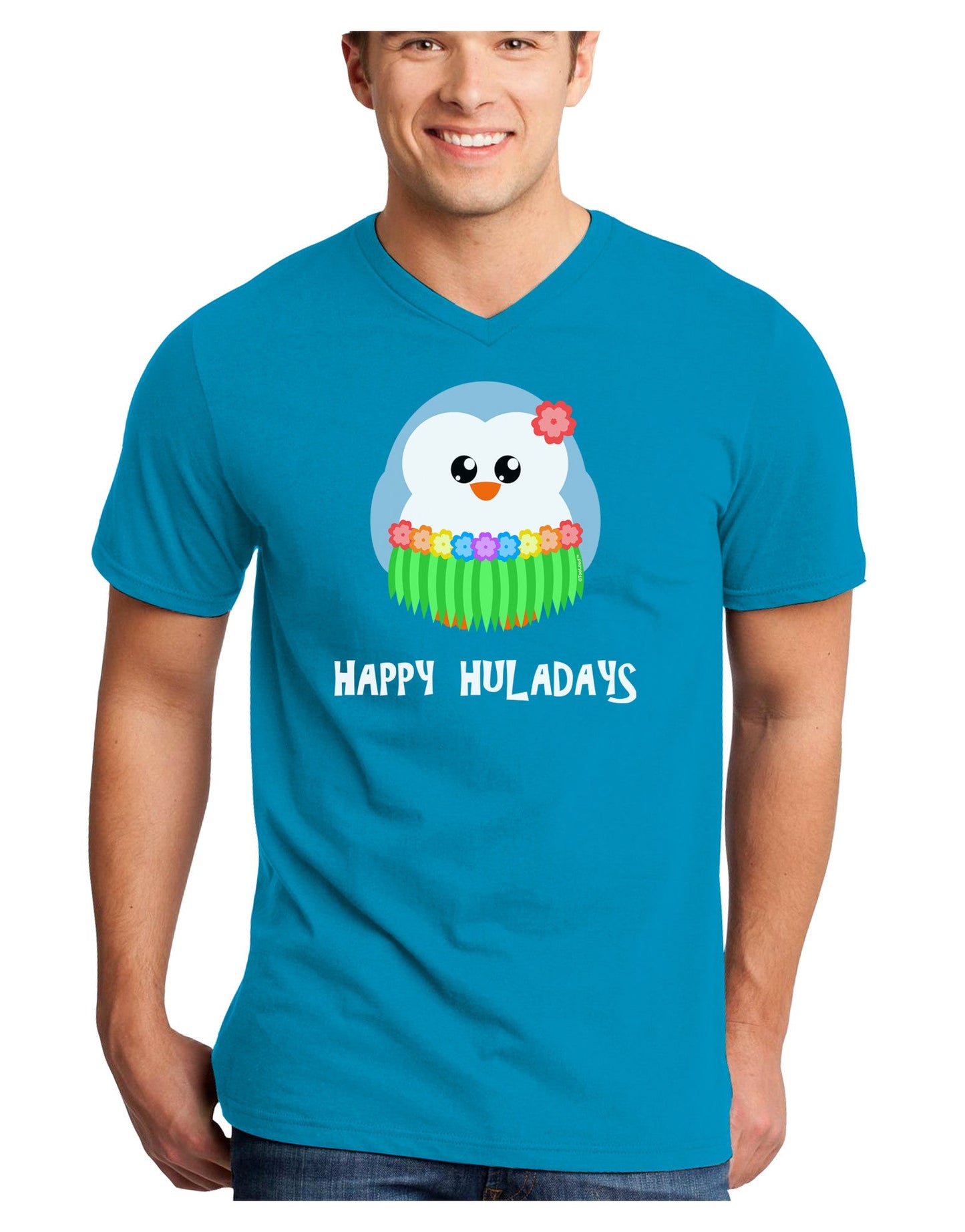 Happy Huladays Holiday Penguin - Christmas Adult Dark V-Neck T-Shirt-TooLoud-Turquoise-Small-Davson Sales