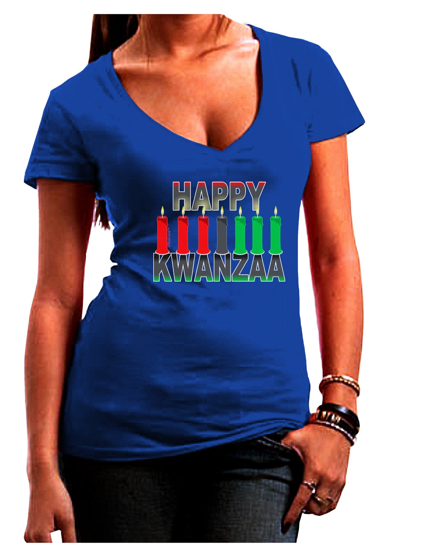 Happy Kwanzaa Candles Womens V-Neck Dark T-Shirt-Womens V-Neck T-Shirts-TooLoud-Royal-Blue-Juniors Fitted Small-Davson Sales
