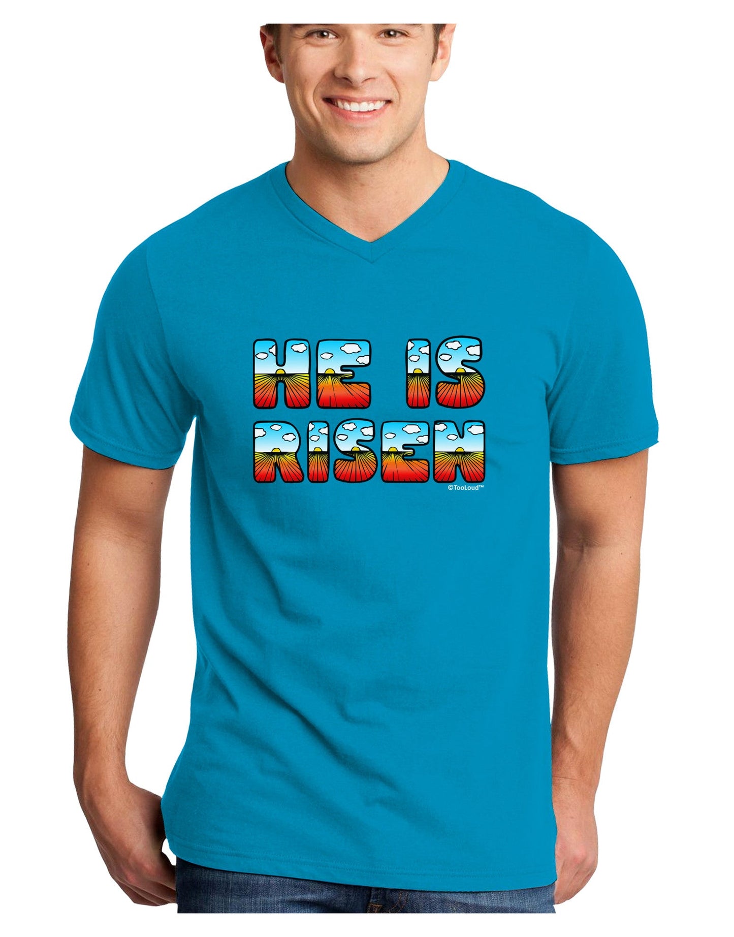He Is Risen - Easter - Sunrise Letters Adult Dark V-Neck T-Shirt-Mens V-Neck T-Shirt-TooLoud-Turquoise-Small-Davson Sales