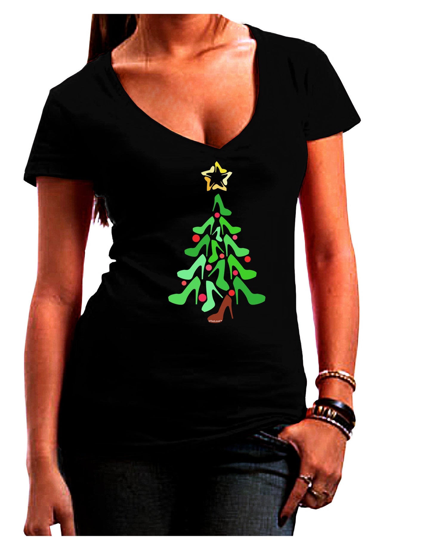 High Heels Shoes Christmas Tree Juniors V-Neck Dark T-Shirt-Womens V-Neck T-Shirts-TooLoud-Black-Juniors Fitted Small-Davson Sales