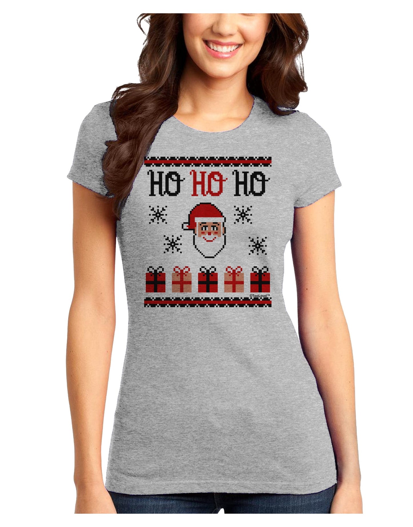 Ho Ho Ho Ugly Christmas Sweater Juniors T-Shirt-Womens Juniors T-Shirt-TooLoud-Ash-Gray-Juniors Fitted X-Small-Davson Sales