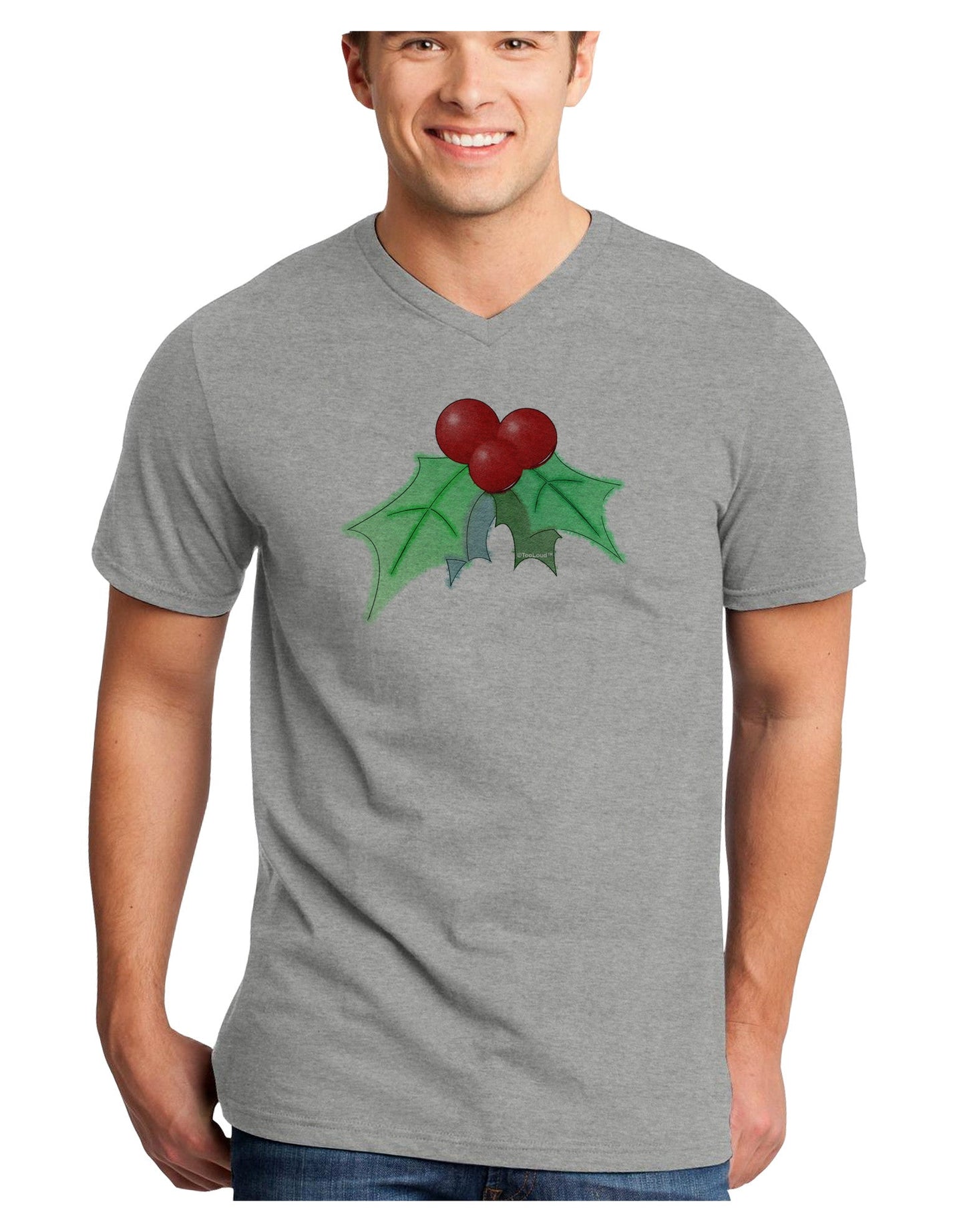 Holly Watercolor Adult V-Neck T-shirt-Mens V-Neck T-Shirt-TooLoud-HeatherGray-Small-Davson Sales