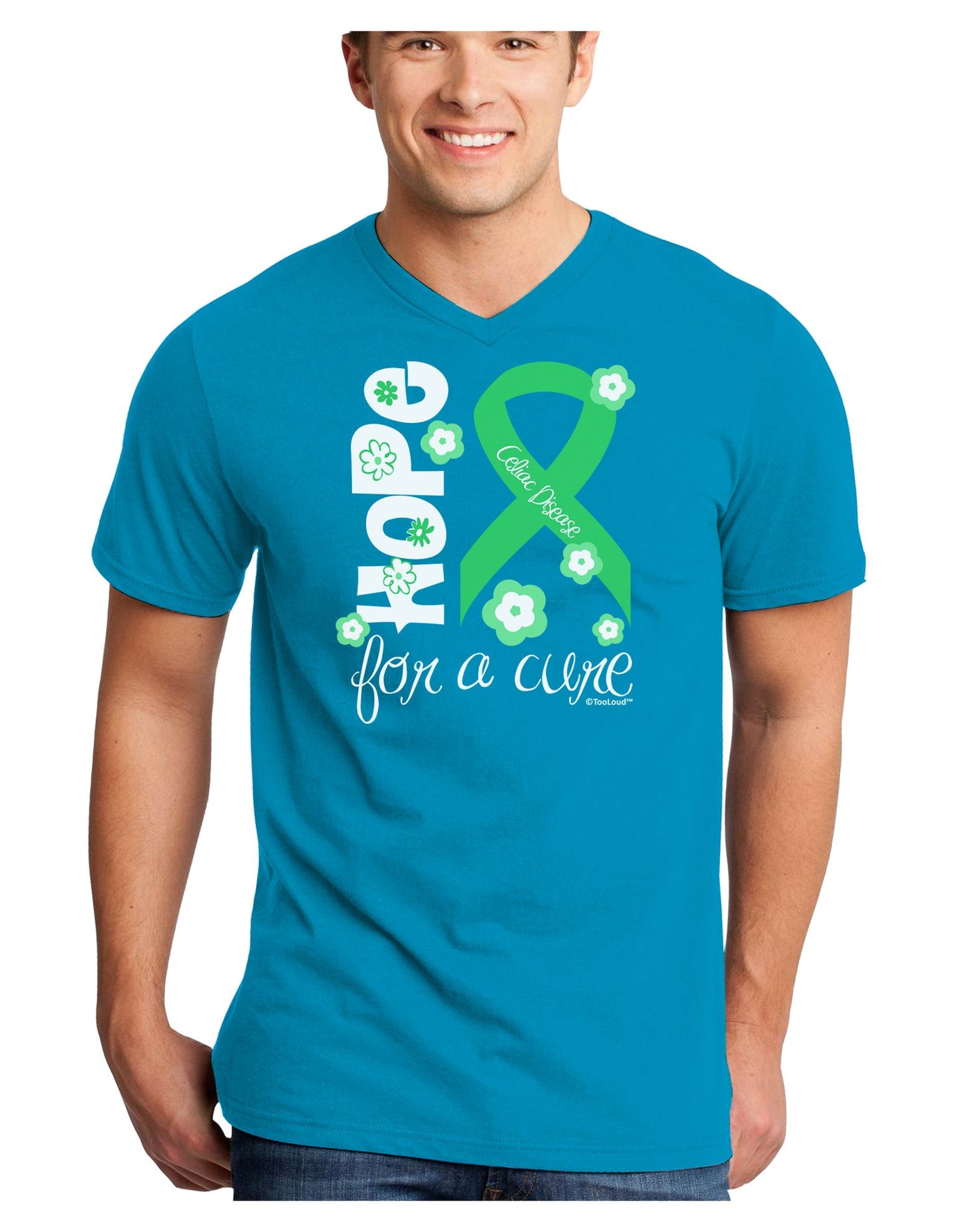 Hope for a Cure - Light Green Ribbon Celiac Disease - Flowers Adult Dark V-Neck T-Shirt-TooLoud-Turquoise-Small-Davson Sales