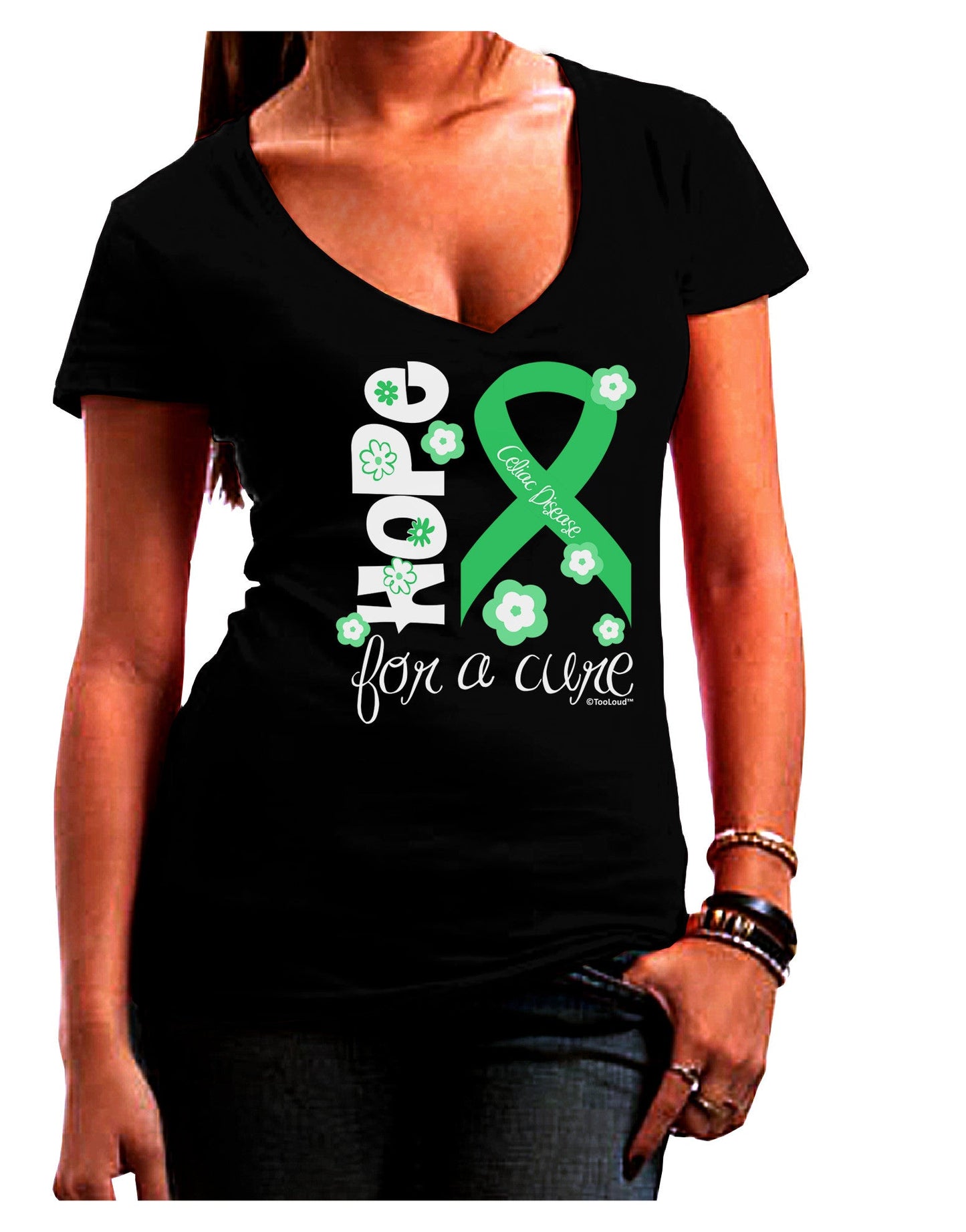 Hope for a Cure - Light Green Ribbon Celiac Disease - Flowers Juniors V-Neck Dark T-Shirt-Womens V-Neck T-Shirts-TooLoud-Black-Juniors Fitted Small-Davson Sales
