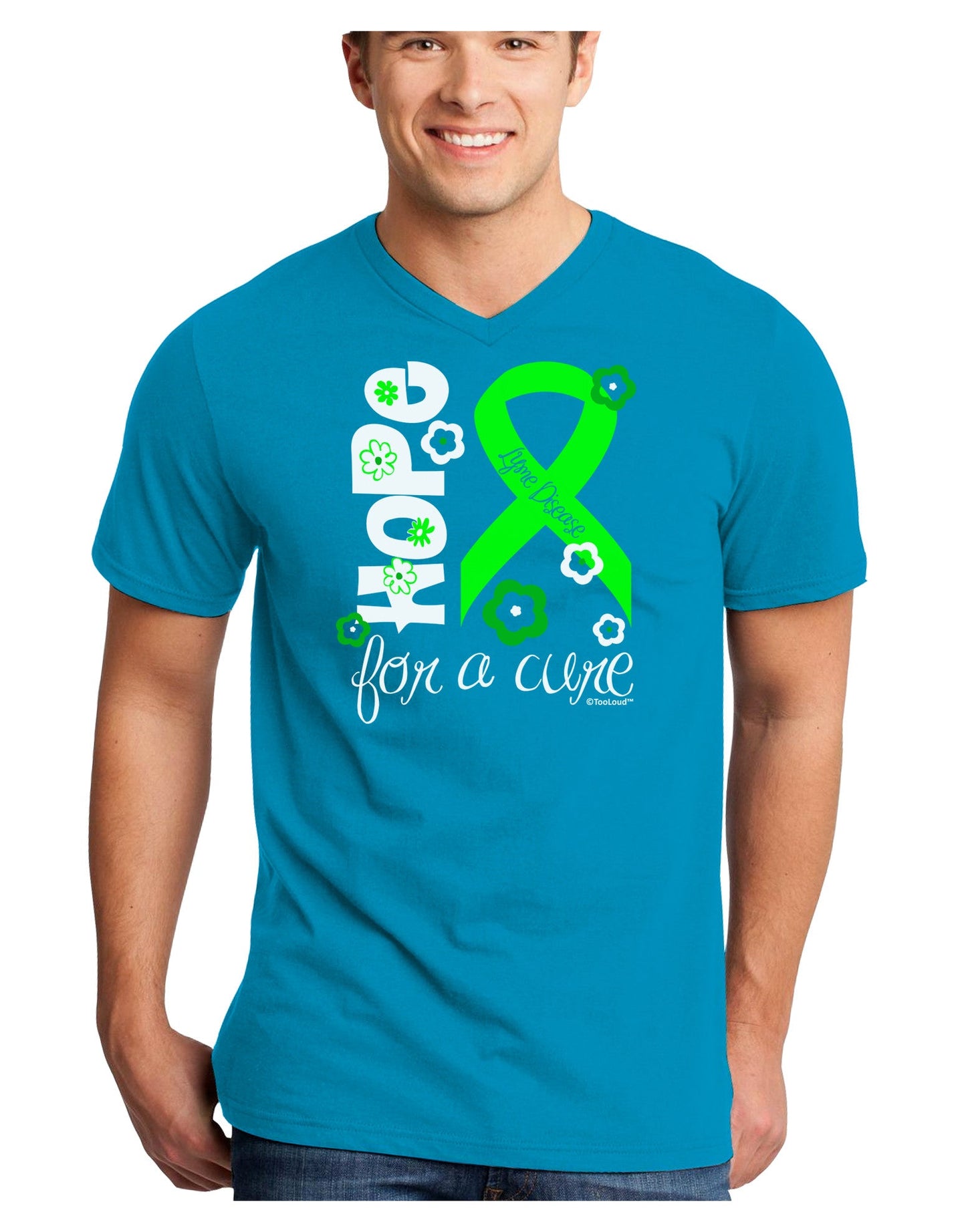 Hope for a Cure - Lime Green Ribbon Lyme Disease - Flowers Adult Dark V-Neck T-Shirt-TooLoud-Turquoise-Small-Davson Sales