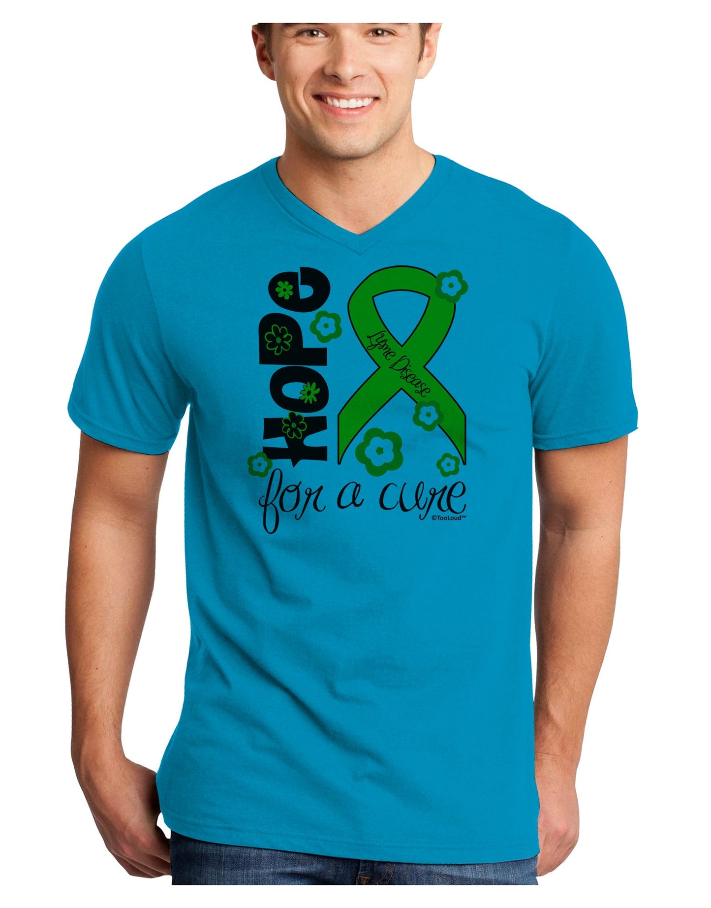 Hope for a Cure - Lime Green Ribbon Lyme Disease - Flowers Adult V-Neck T-shirt-Mens V-Neck T-Shirt-TooLoud-Turquoise-Small-Davson Sales