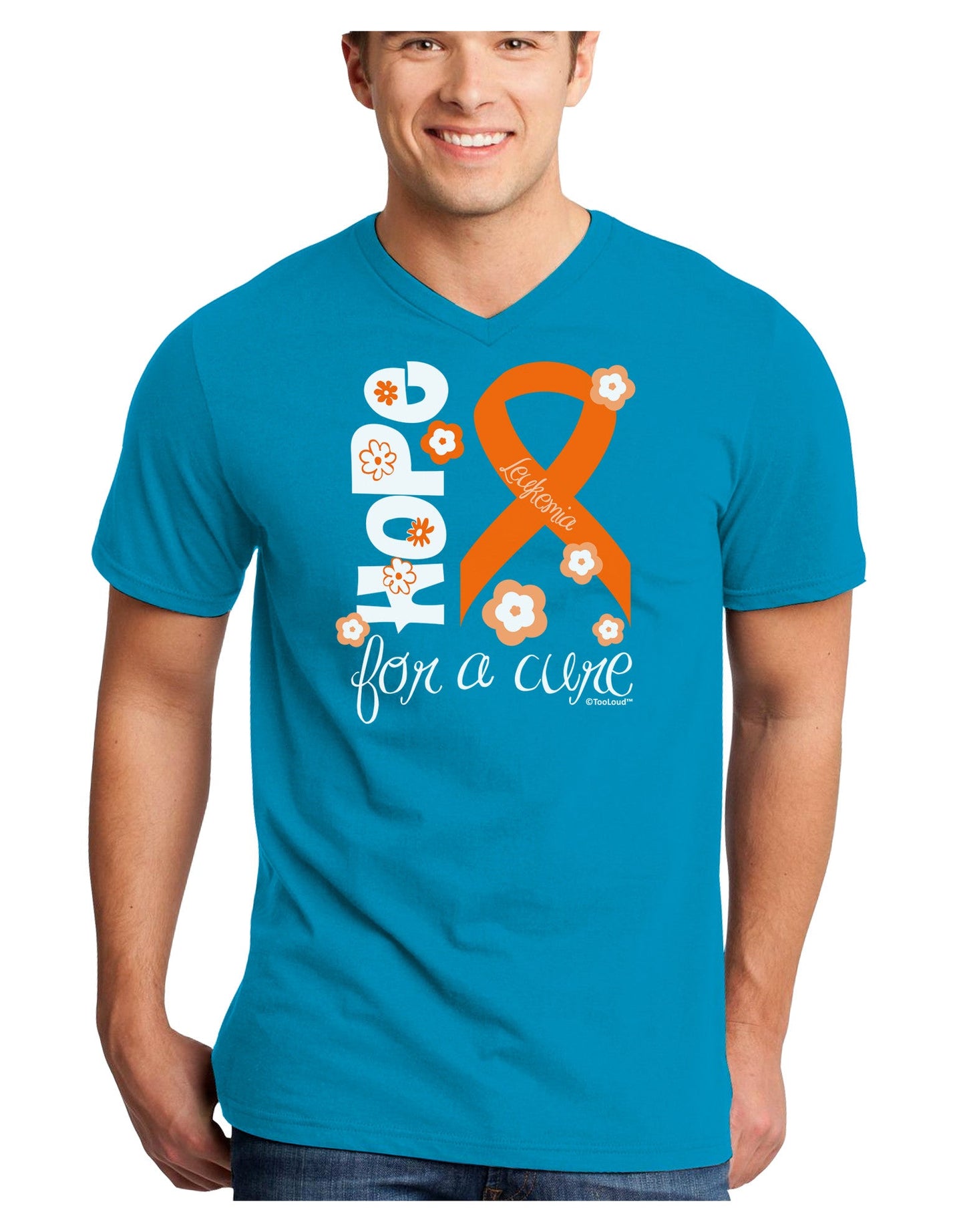 Hope for a Cure - Orange Ribbon Leukemia - Flowers Adult Dark V-Neck T-Shirt-TooLoud-Turquoise-Small-Davson Sales