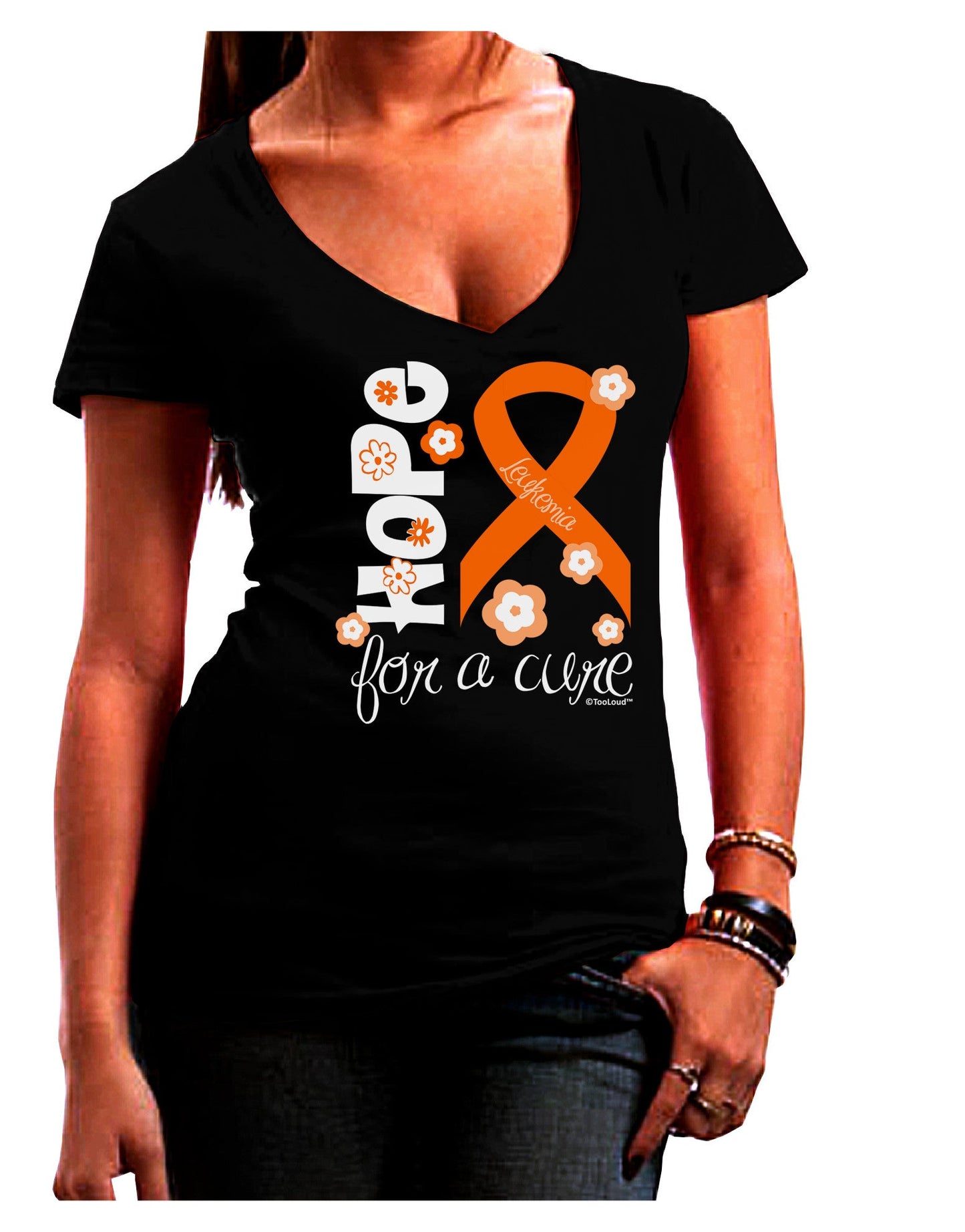 Hope for a Cure - Orange Ribbon Leukemia - Flowers Juniors V-Neck Dark T-Shirt-Womens V-Neck T-Shirts-TooLoud-Black-Juniors Fitted Small-Davson Sales