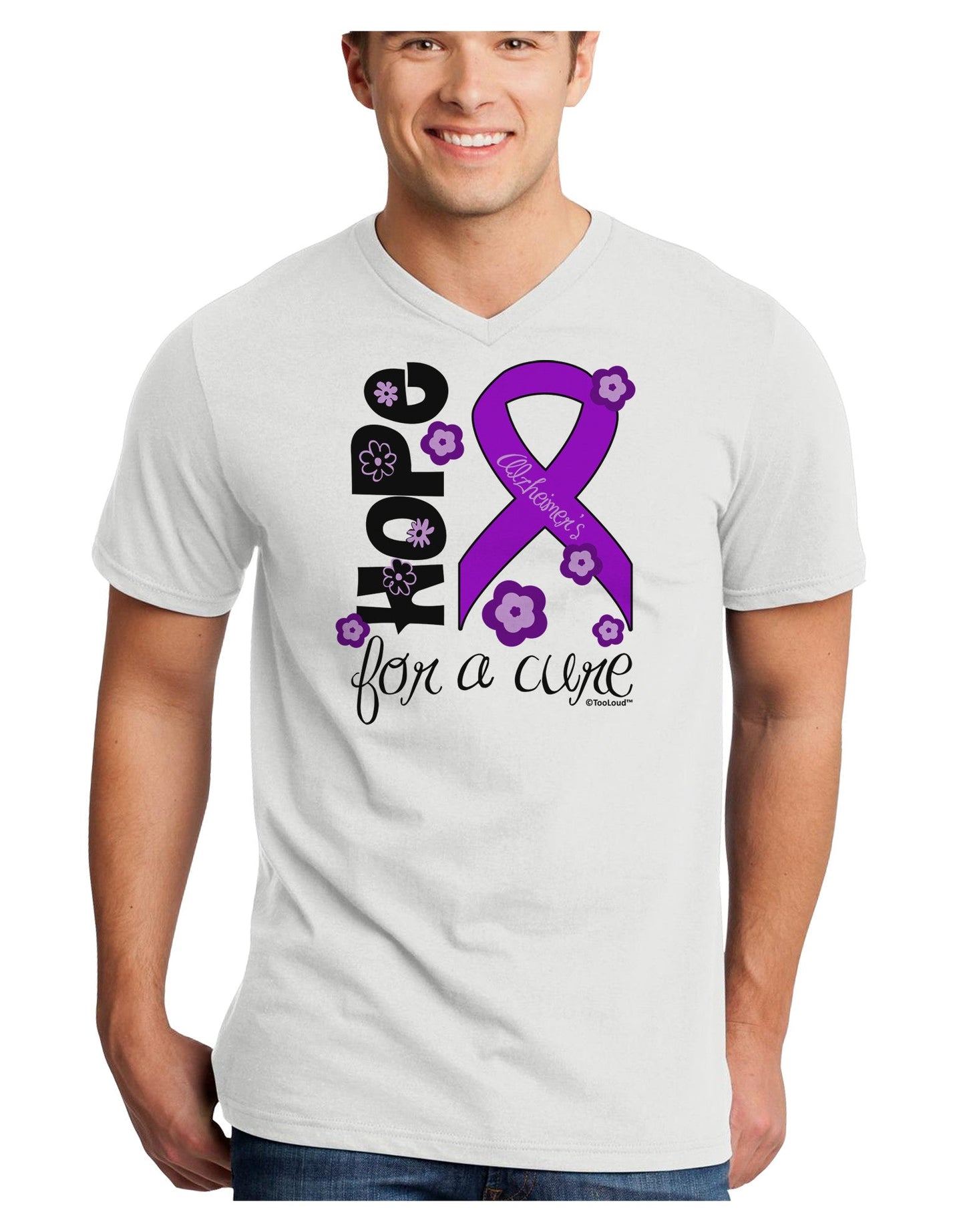 Hope for a Cure - Purple Ribbon Alzheimers Disease - Flowers Adult V-Neck T-shirt-Mens V-Neck T-Shirt-TooLoud-White-Small-Davson Sales
