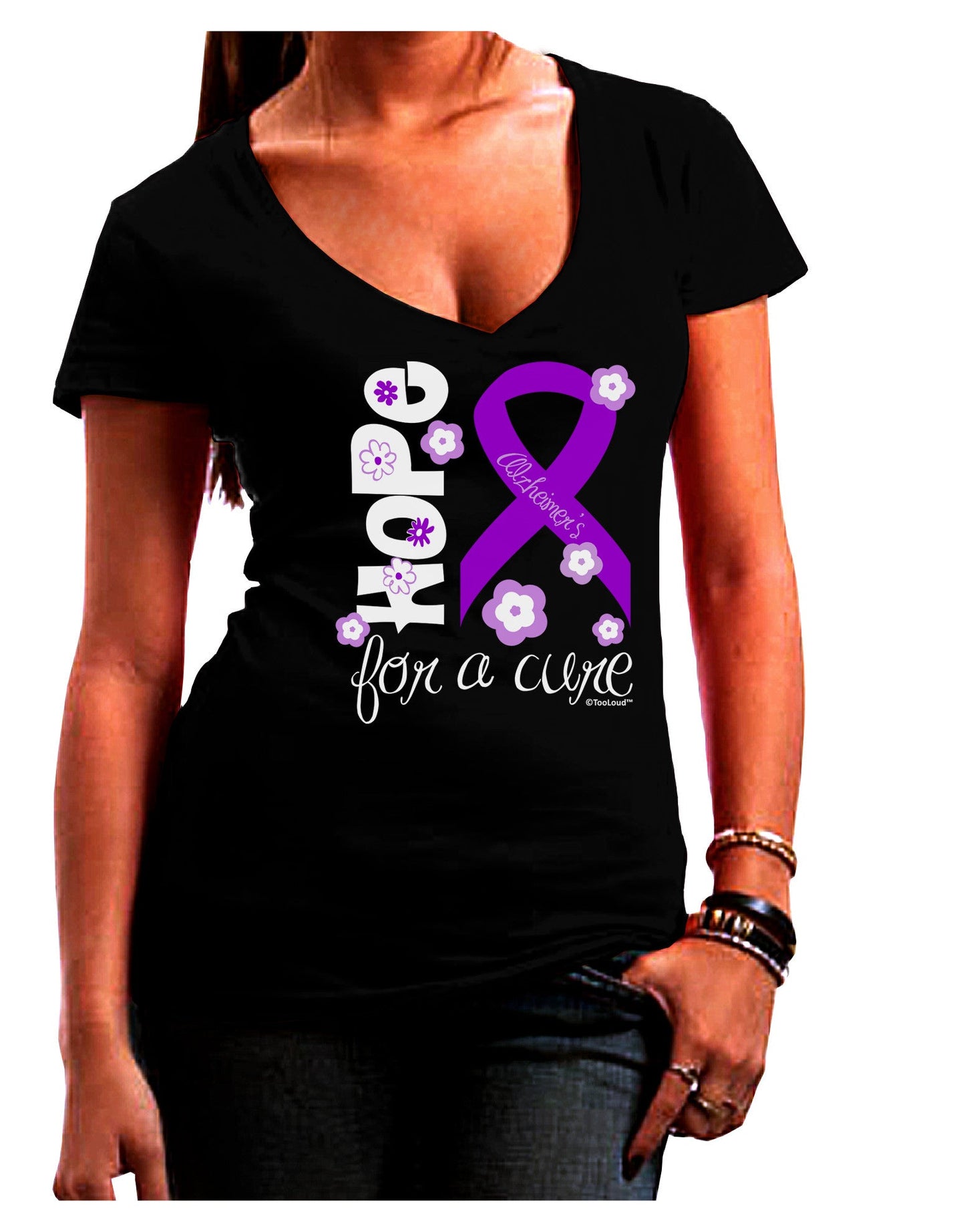 Hope for a Cure - Purple Ribbon Alzheimers Disease - Flowers Juniors V-Neck Dark T-Shirt-Womens V-Neck T-Shirts-TooLoud-Black-Juniors Fitted Small-Davson Sales