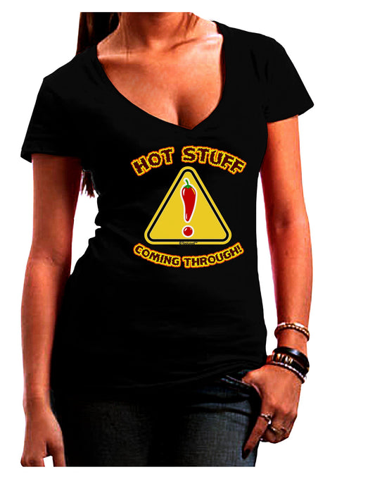 Hot Stuff Coming Through Juniors V-Neck Dark T-Shirt-Womens V-Neck T-Shirts-TooLoud-Black-Juniors Fitted Small-Davson Sales