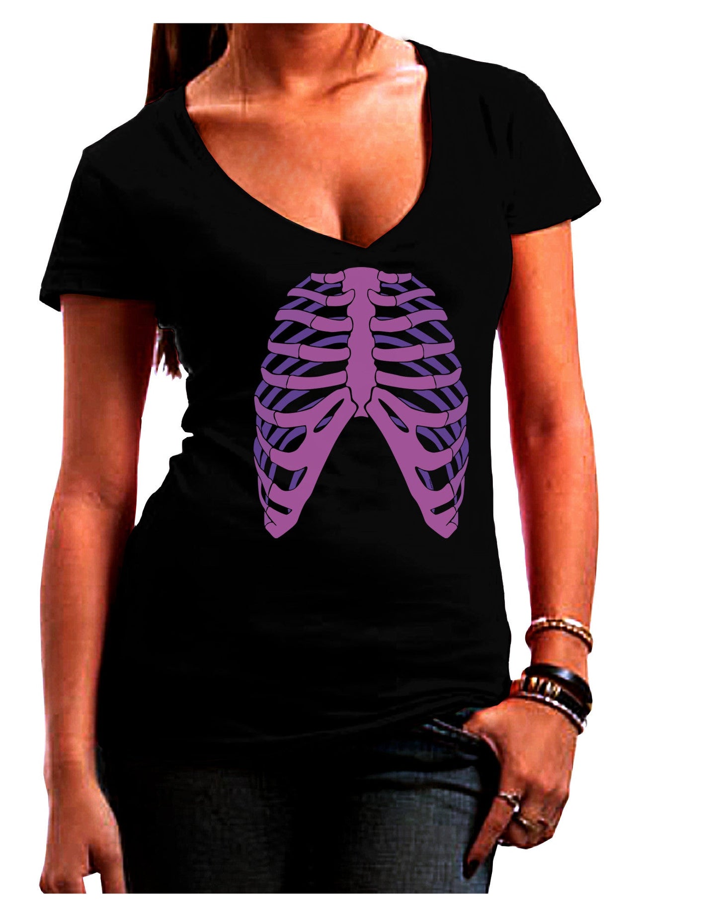 Human Purple Skeleton Bones Ribcage Juniors V-Neck Dark T-Shirt-Womens V-Neck T-Shirts-TooLoud-Black-Small-Davson Sales