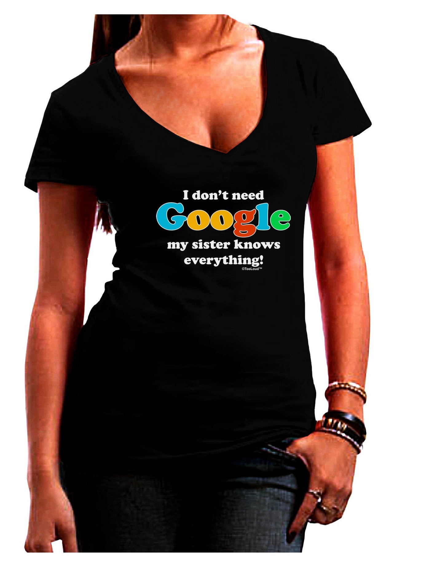 I Don't Need Google - Sister Juniors V-Neck Dark T-Shirt-Womens V-Neck T-Shirts-TooLoud-Black-Juniors Fitted Small-Davson Sales