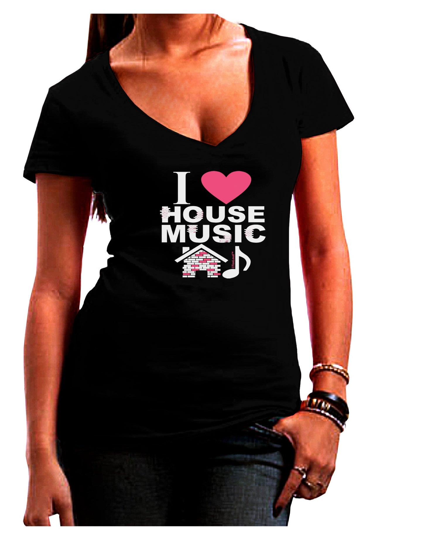 I Love House Pink Juniors V-Neck Dark T-Shirt-Womens V-Neck T-Shirts-TooLoud-Black-Juniors Fitted Small-Davson Sales