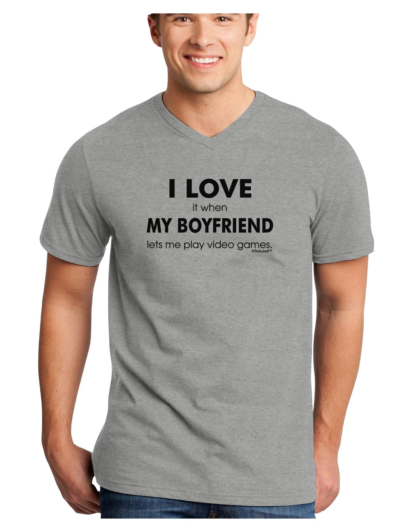 I Love My Boyfriend Videogames Adult V-Neck T-shirt-Mens V-Neck T-Shirt-TooLoud-HeatherGray-Small-Davson Sales