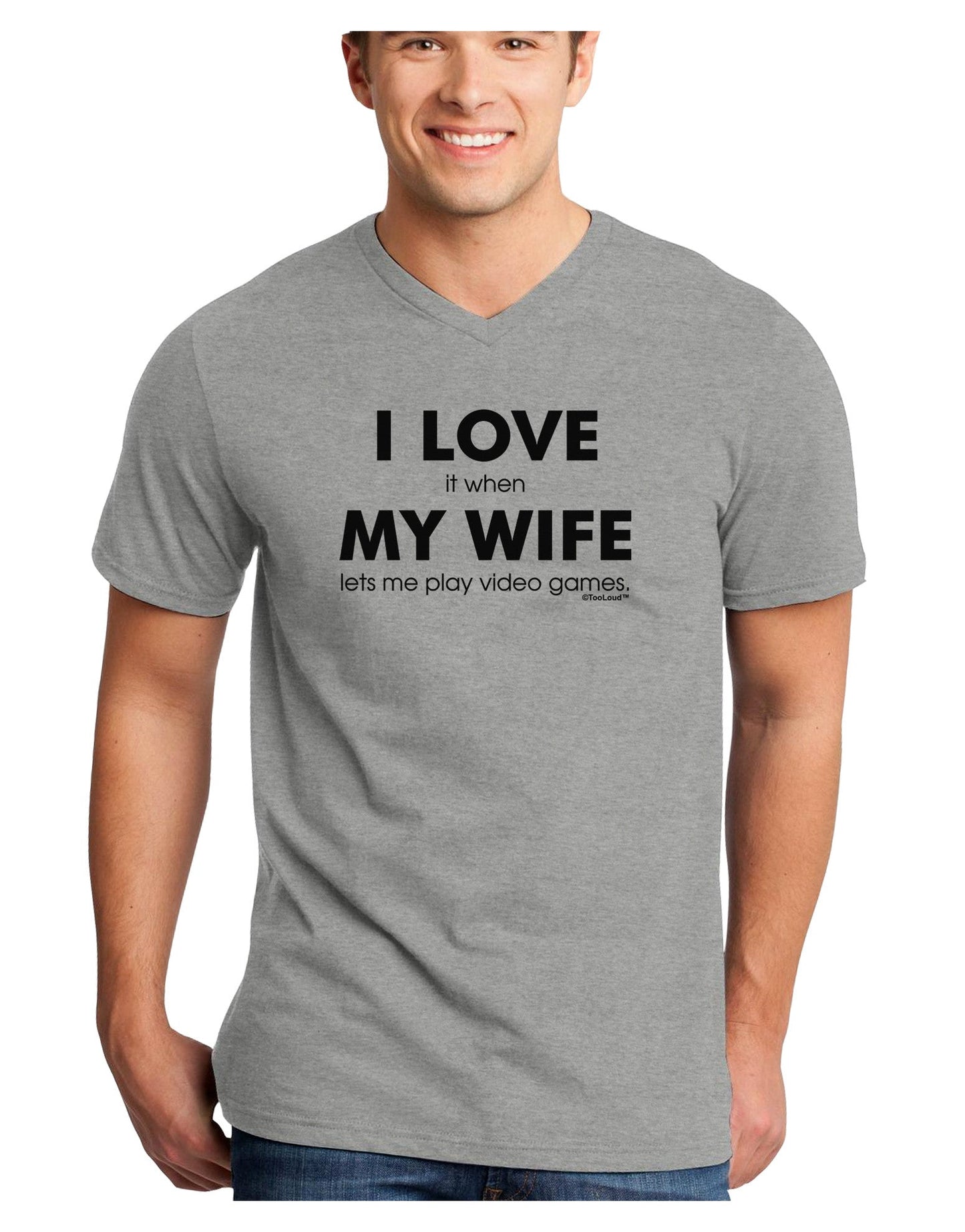 I Love My Wife Videogames Adult V-Neck T-shirt-Mens V-Neck T-Shirt-TooLoud-HeatherGray-Small-Davson Sales