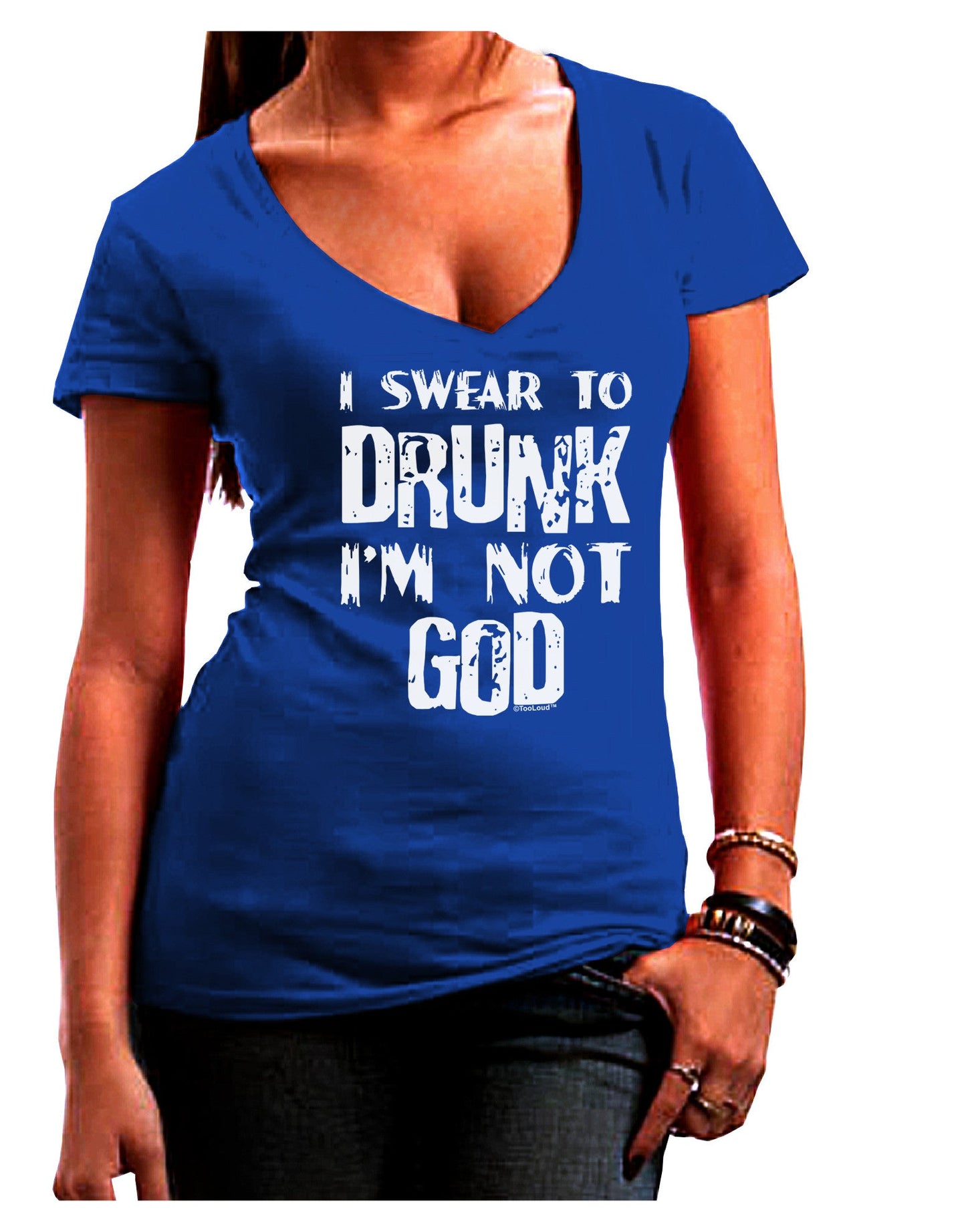 I swear to DRUNK I'm not GOD Womens V-Neck Dark T-Shirt-Womens V-Neck T-Shirts-TooLoud-Royal-Blue-Juniors Fitted Small-Davson Sales
