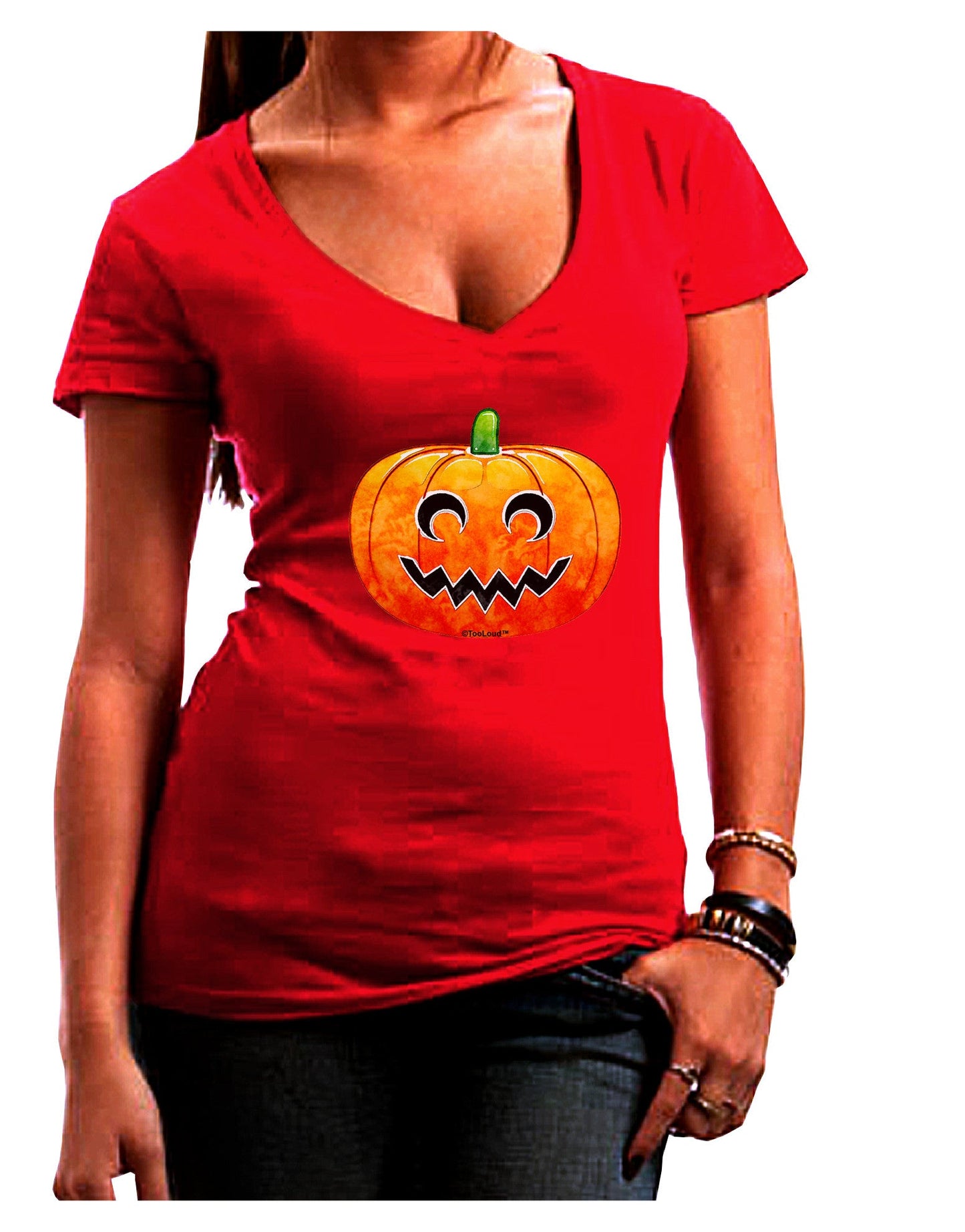 Jack-O-Lantern Watercolor Juniors V-Neck Dark T-Shirt-Womens V-Neck T-Shirts-TooLoud-Red-Juniors Fitted Small-Davson Sales