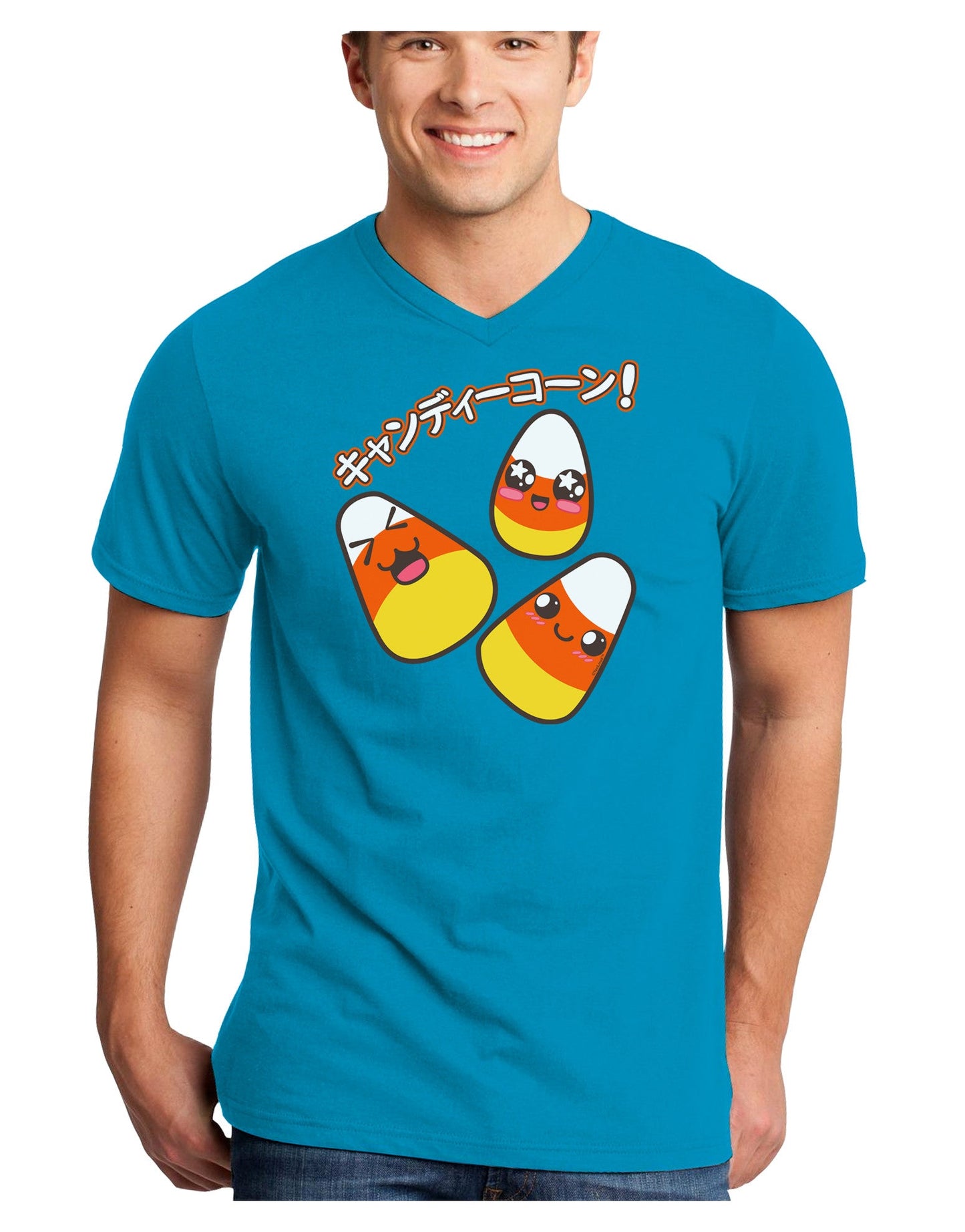 Japanese Kawaii Candy Corn Halloween Adult Dark V-Neck T-Shirt-TooLoud-Turquoise-Small-Davson Sales