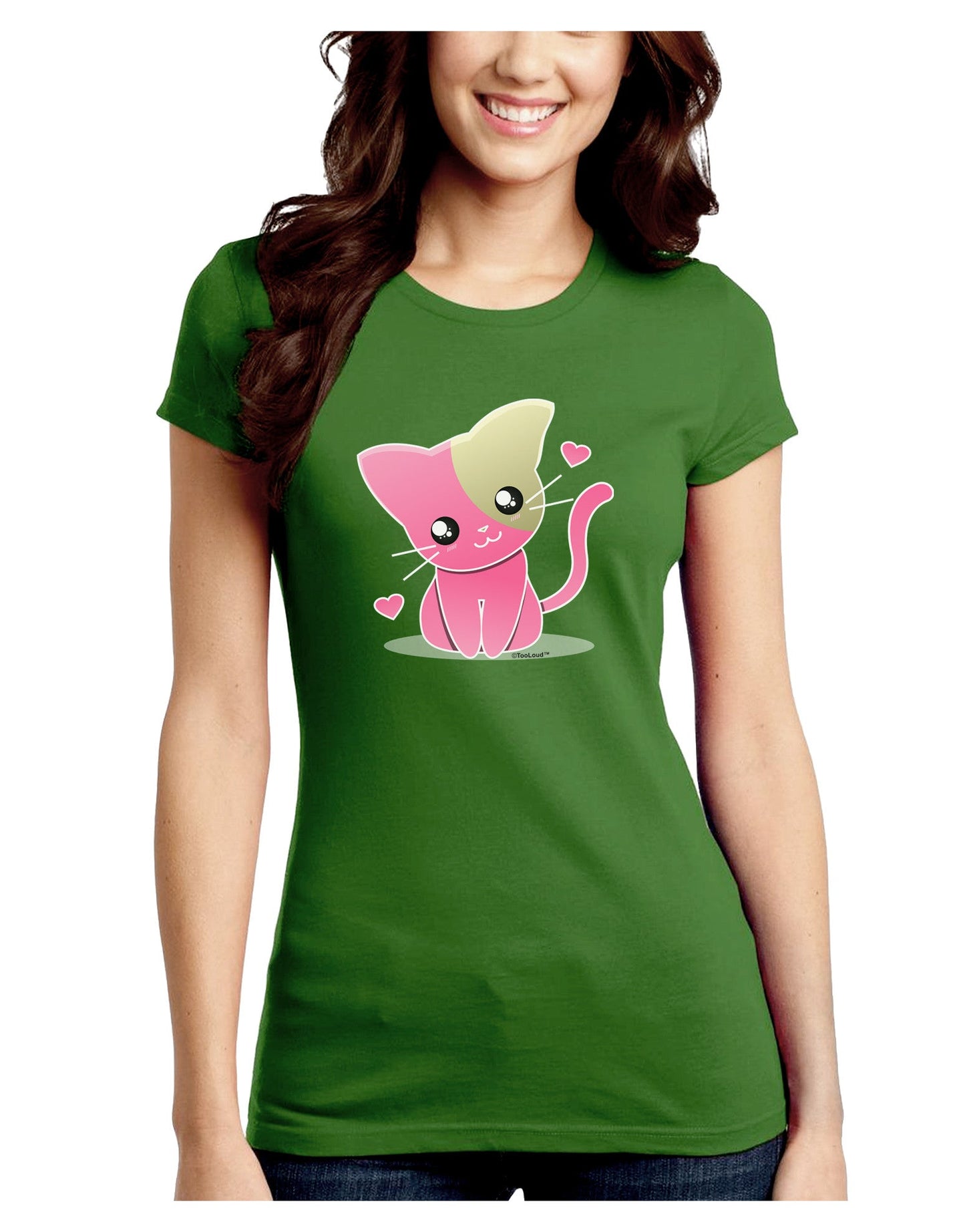 Kawaii Kitty Juniors Petite Crew Dark T-Shirt-T-Shirts Juniors Tops-TooLoud-Kiwi-Green-Juniors Fitted Small-Davson Sales