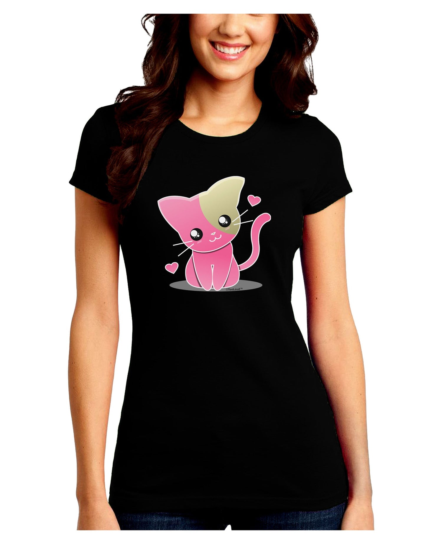Kawaii Kitty Juniors Petite Crew Dark T-Shirt-T-Shirts Juniors Tops-TooLoud-Black-Juniors Fitted Small-Davson Sales