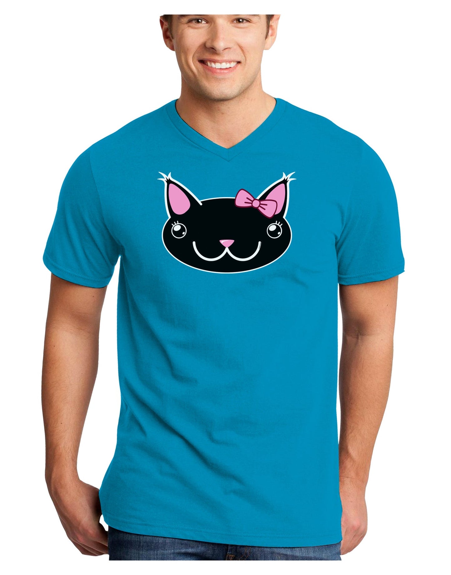 Kyu-T Head - Night Kawaia the Cute Girl Critter Adult Dark V-Neck T-Shirt-Mens V-Neck T-Shirt-TooLoud-Turquoise-Small-Davson Sales