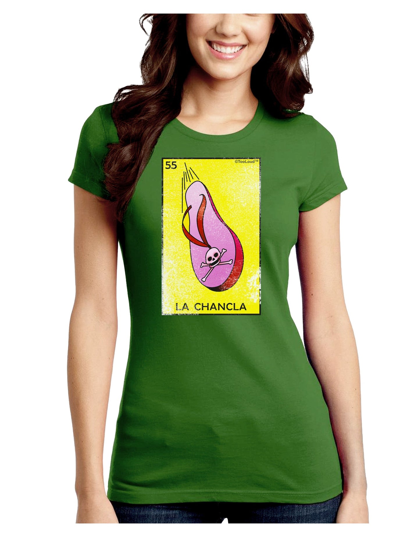 La Chancla Loteria Distressed Juniors Petite Crew Dark T-Shirt-T-Shirts Juniors Tops-TooLoud-Kiwi-Green-Juniors Fitted Small-Davson Sales