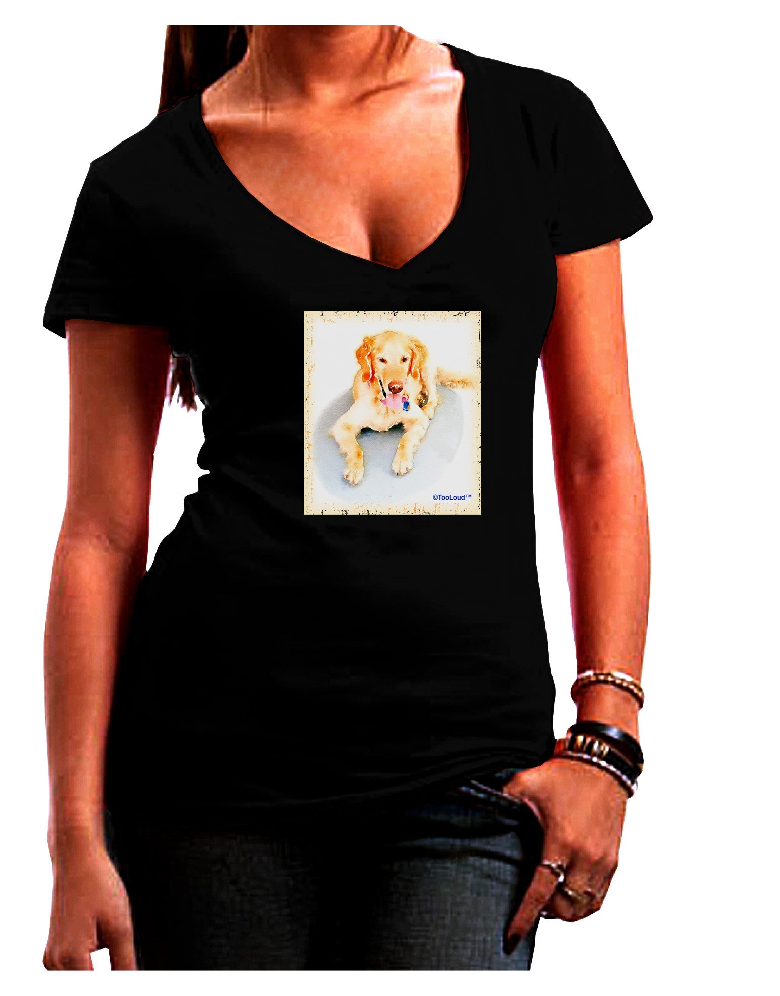 Laying Retriever Watercolor Juniors V-Neck Dark T-Shirt-Womens V-Neck T-Shirts-TooLoud-Black-Juniors Fitted Small-Davson Sales