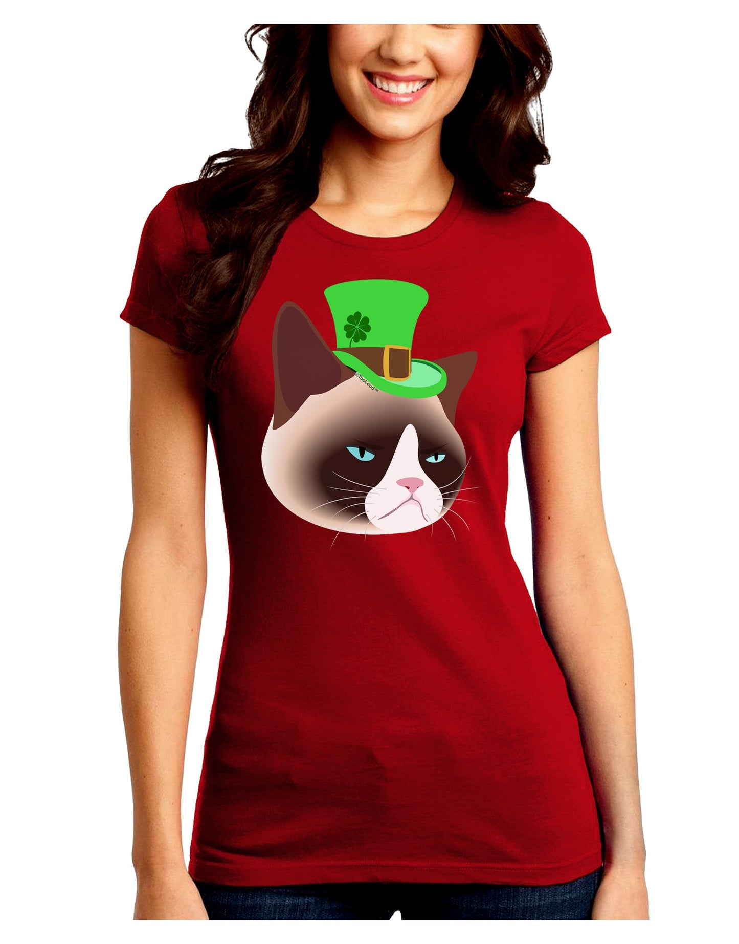Leprechaun Disgruntled Cat Juniors Petite Crew Dark T-Shirt-T-Shirts Juniors Tops-TooLoud-Red-Juniors Fitted Small-Davson Sales